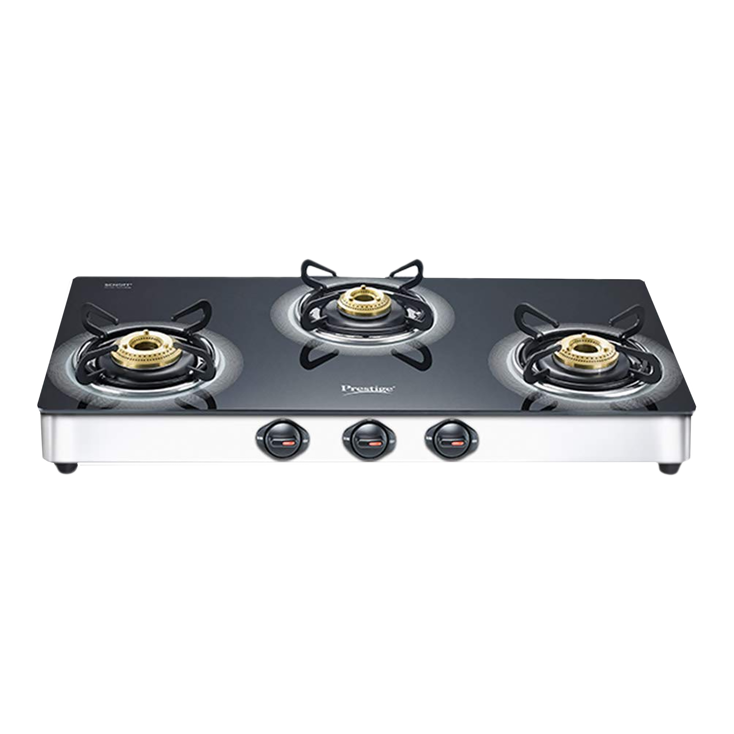 Prestige Royale Plus Toughened Glass Top 3 Burner Manual Gas Stove (Ergonomic Knob, Black)_1