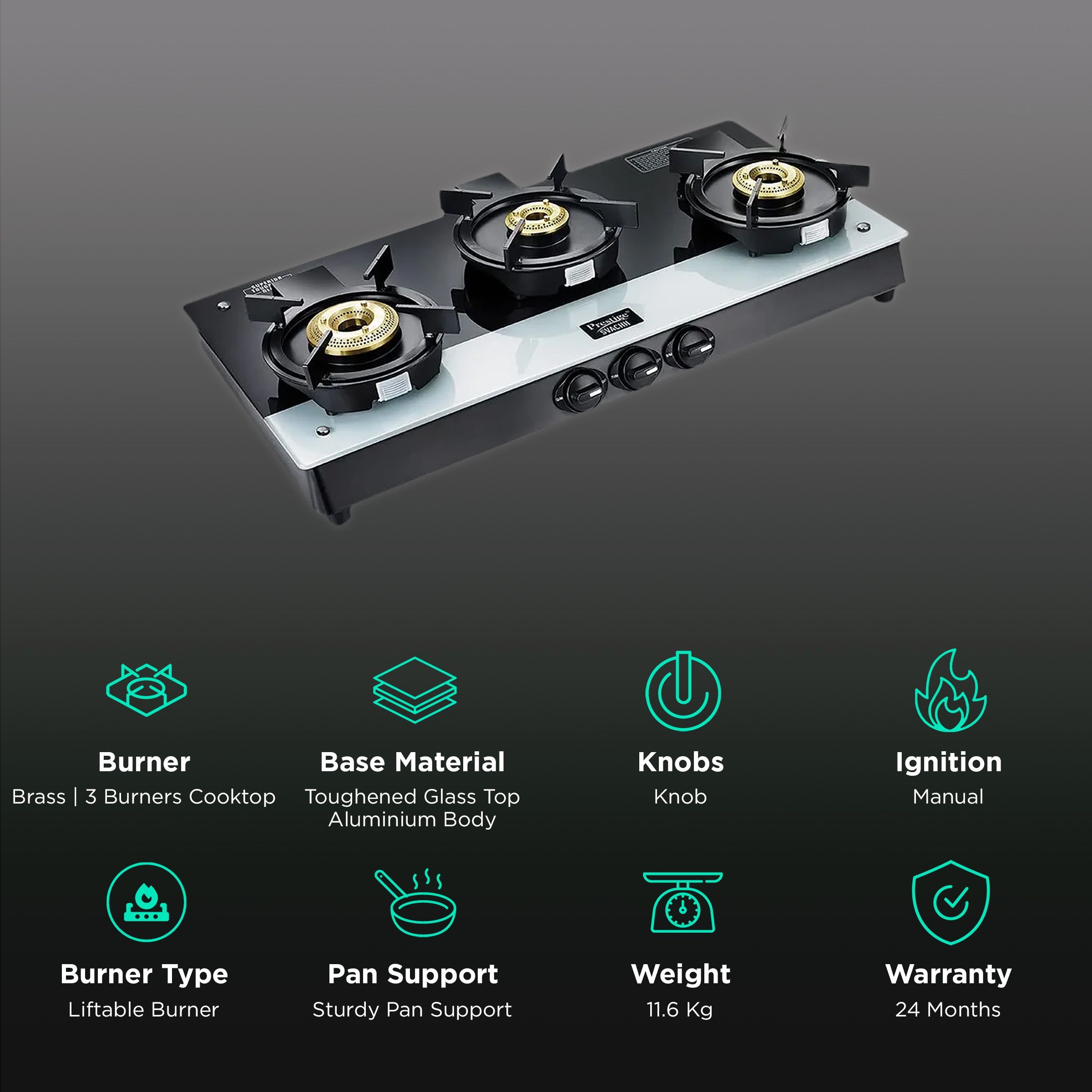 Prestige Svachh Duo Toughened Glass Top 3 Burner Manual Gas Stove (Liftable Burner Set, Black) Prestige Svachh Duo Toughened Glass Top 3 Burner Manual Gas Stove (Liftable Burner Set, Black)_3