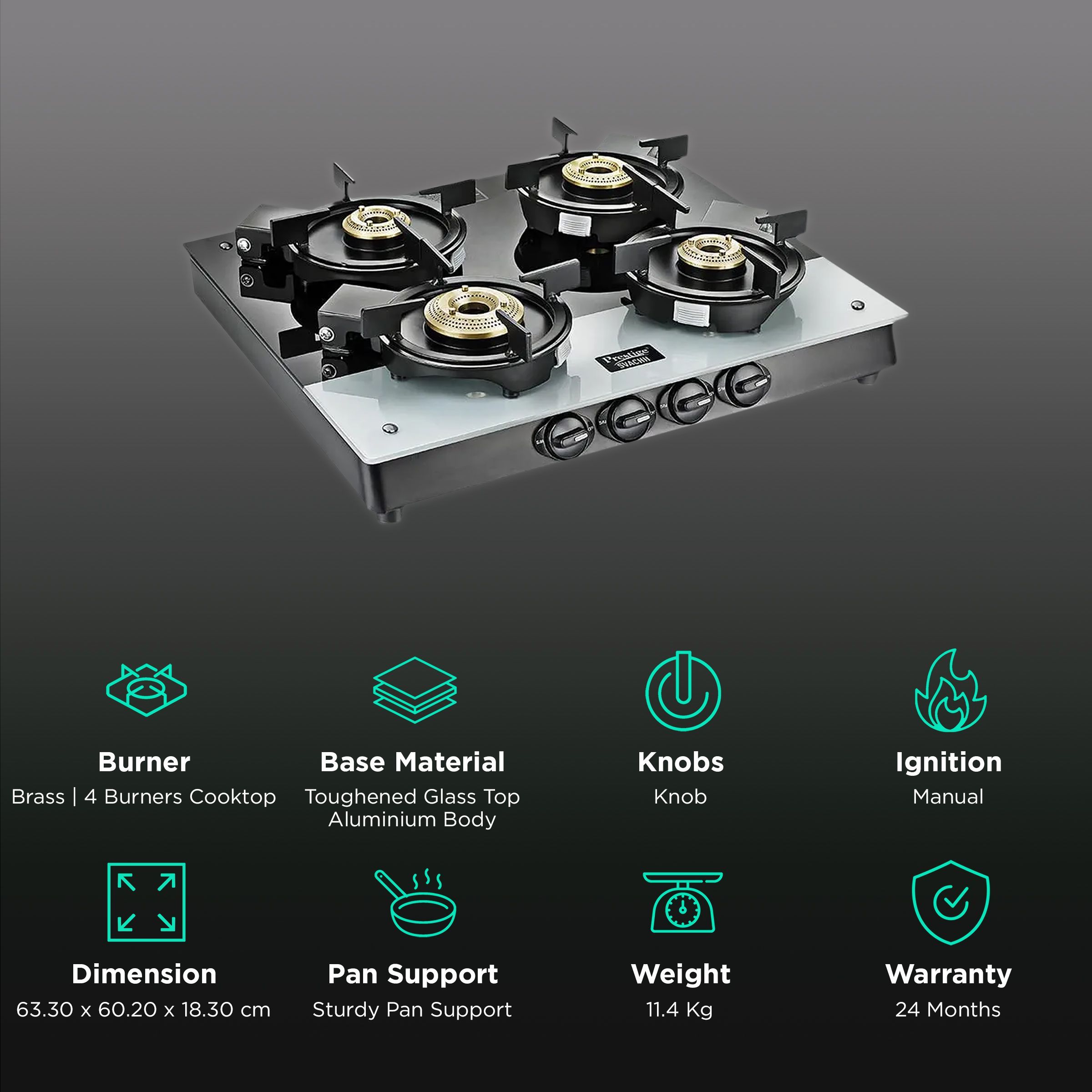 Prestige Svachh Duo Toughened Glass Top 4 Burner Manual Gas Stove (Liftable Burner Set, Black)_3