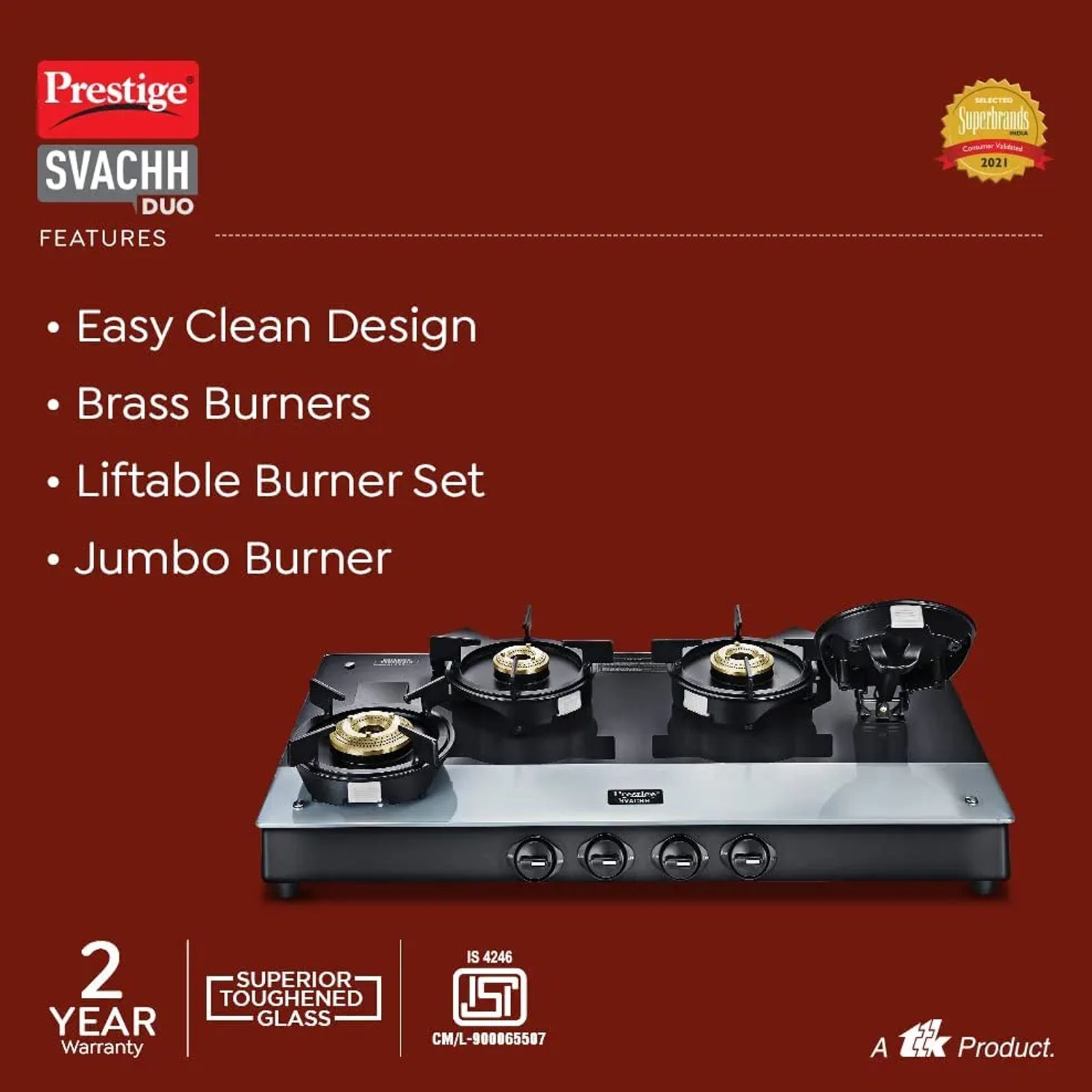 Prestige Svachh Duo Toughened Glass Top 4 Burner Manual Gas Stove (Liftable Burner Set, Black)_5