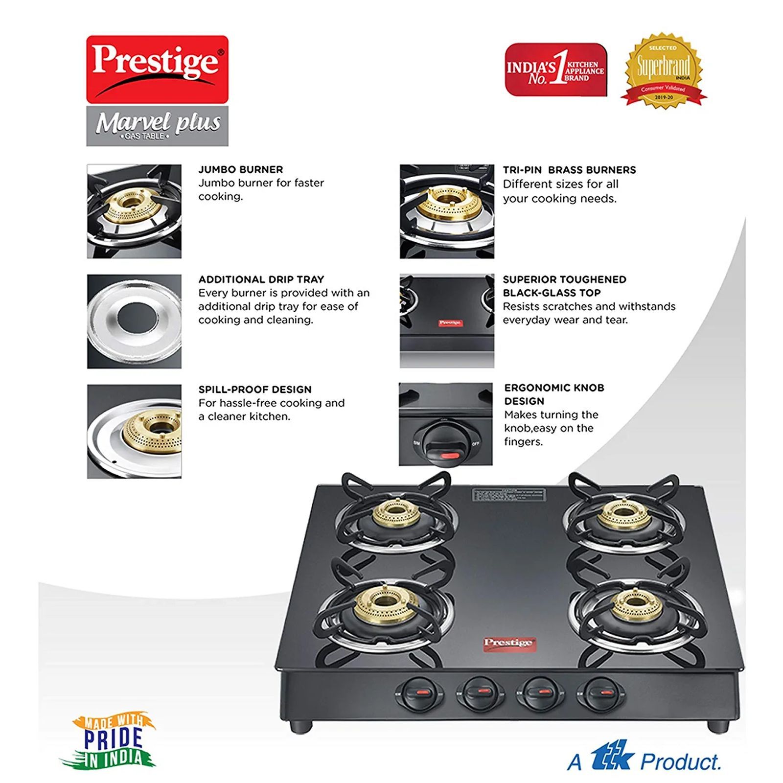Prestige Marvel Plus Toughened Glass Top 4 Burner Manual Gas Stove (Ergonomic Knob, Black) Prestige Marvel Plus Toughened Glass Top 4 Burner Manual Gas Stove (Ergonomic Knob, Black)_7