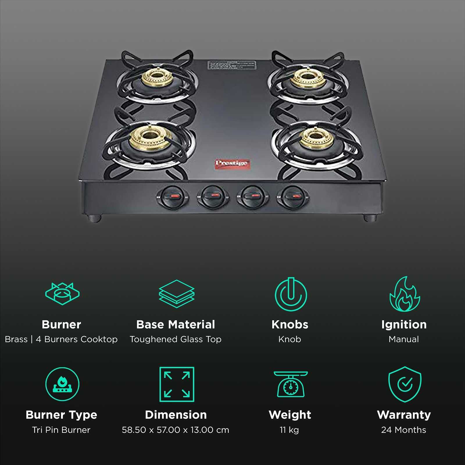 Prestige Marvel Plus Toughened Glass Top 4 Burner Manual Gas Stove (Ergonomic Knob, Black) Prestige Marvel Plus Toughened Glass Top 4 Burner Manual Gas Stove (Ergonomic Knob, Black)_3