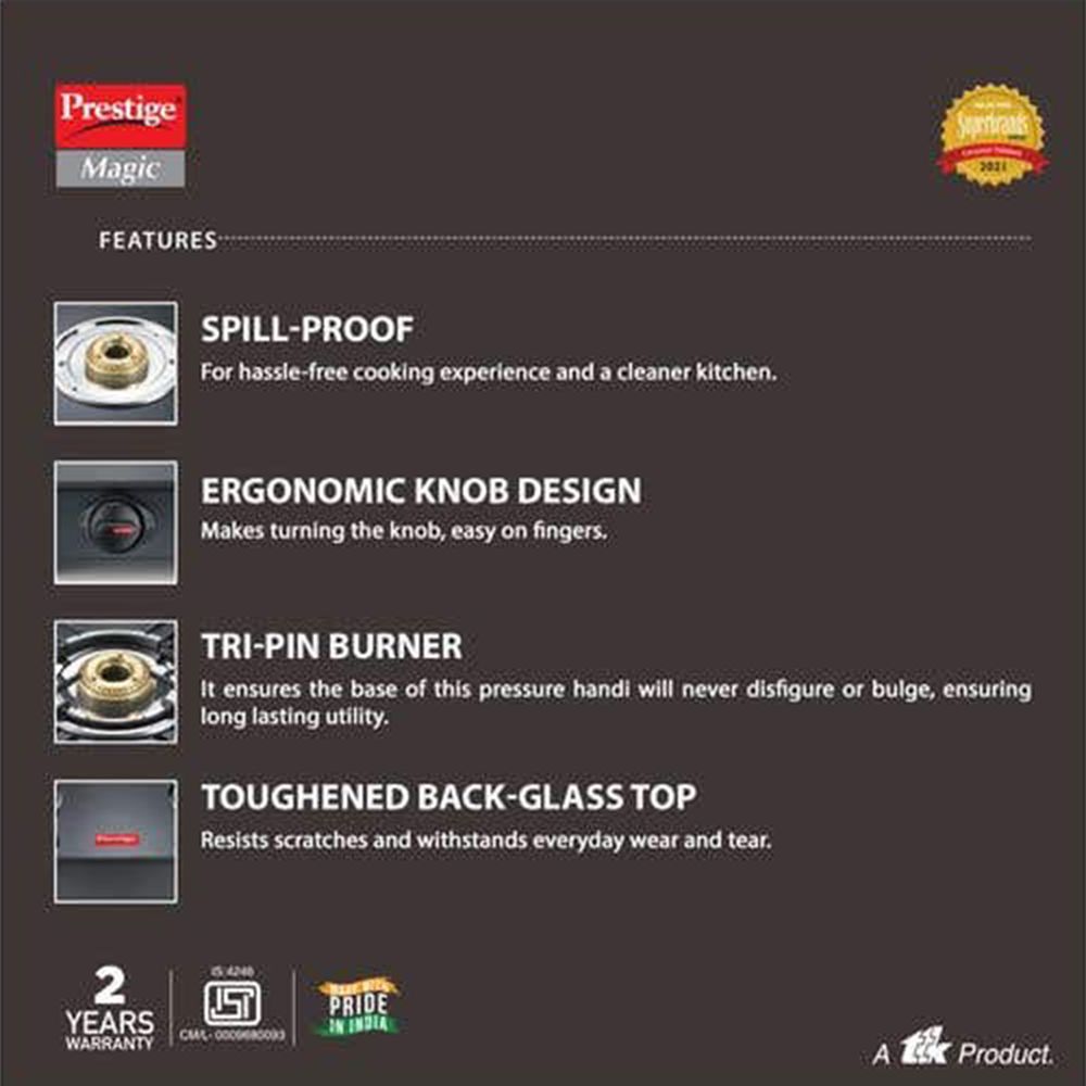 Prestige Magic GTMC Toughened Glass Top 2 Burner Manual Gas Stove (Spill Proof, Black)_7