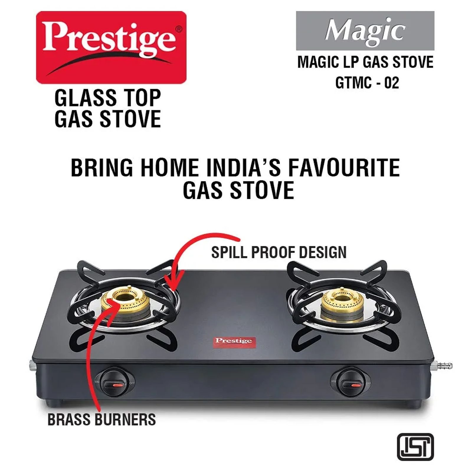 Prestige Magic GTMC Toughened Glass Top 2 Burner Manual Gas Stove (Spill Proof, Black)_5