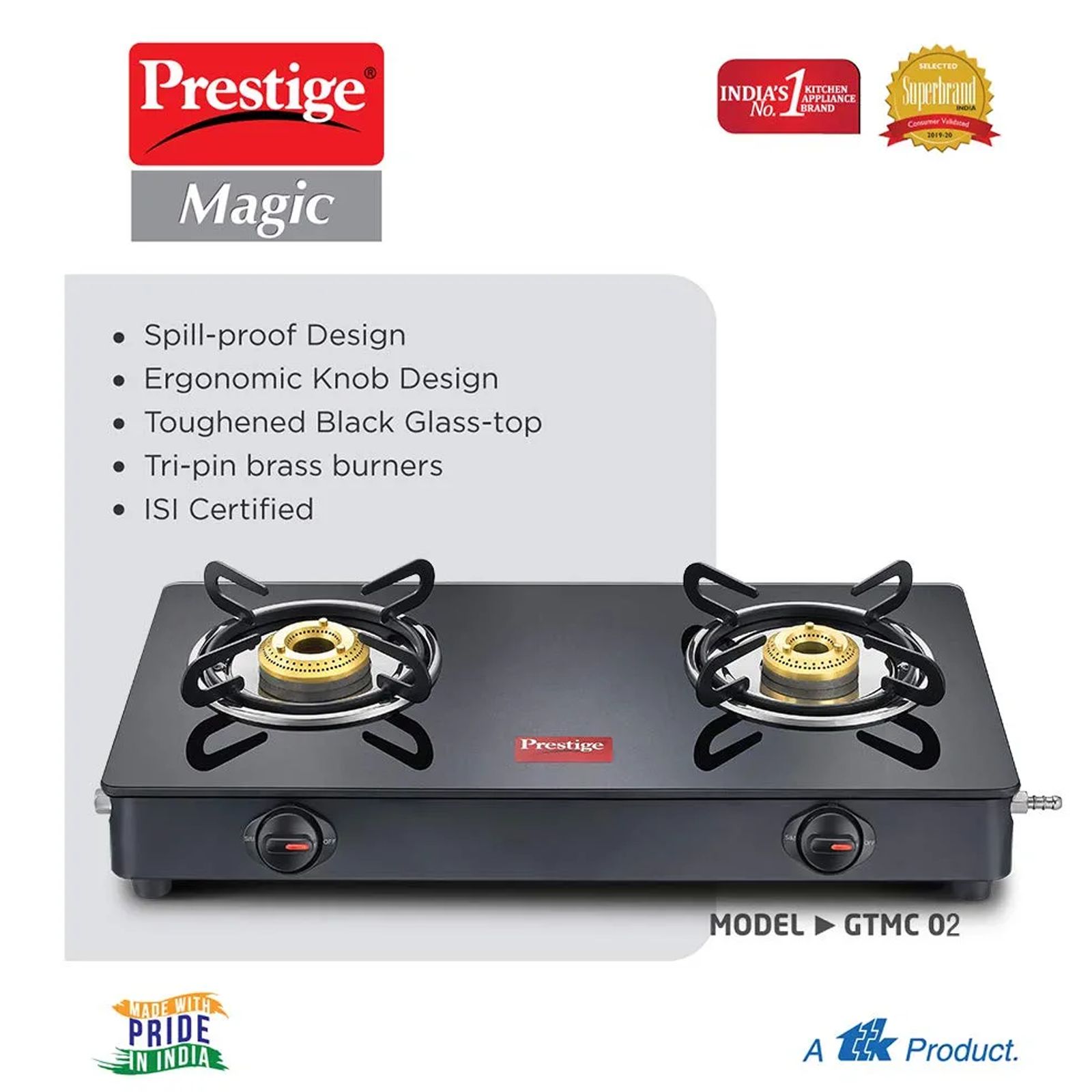 Prestige Magic GTMC Toughened Glass Top 2 Burner Manual Gas Stove (Spill Proof, Black)_6