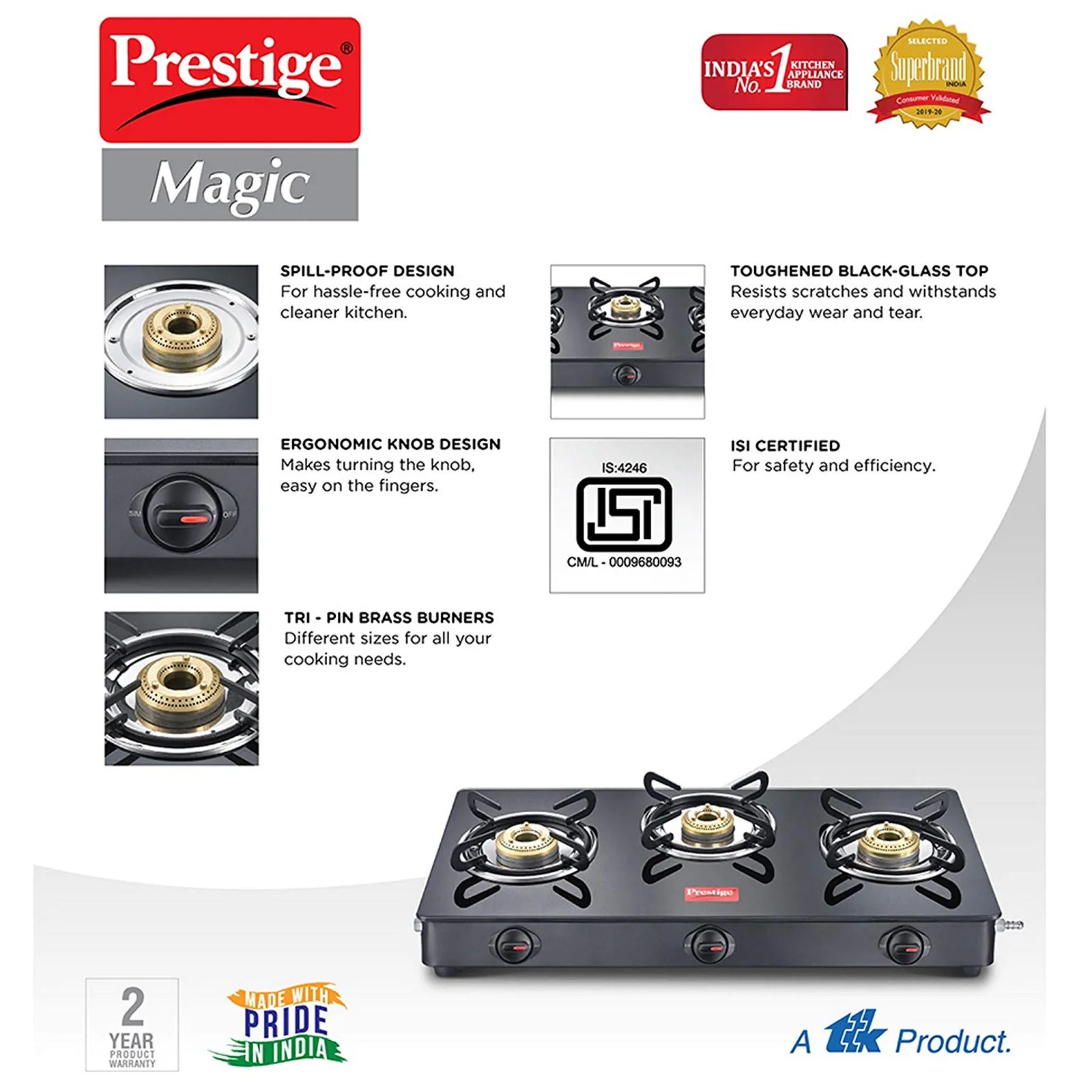 Prestige Magic GTMC Toughened Glass Top 3 Burner Manual Gas Stove (Spill Proof, Black)_7