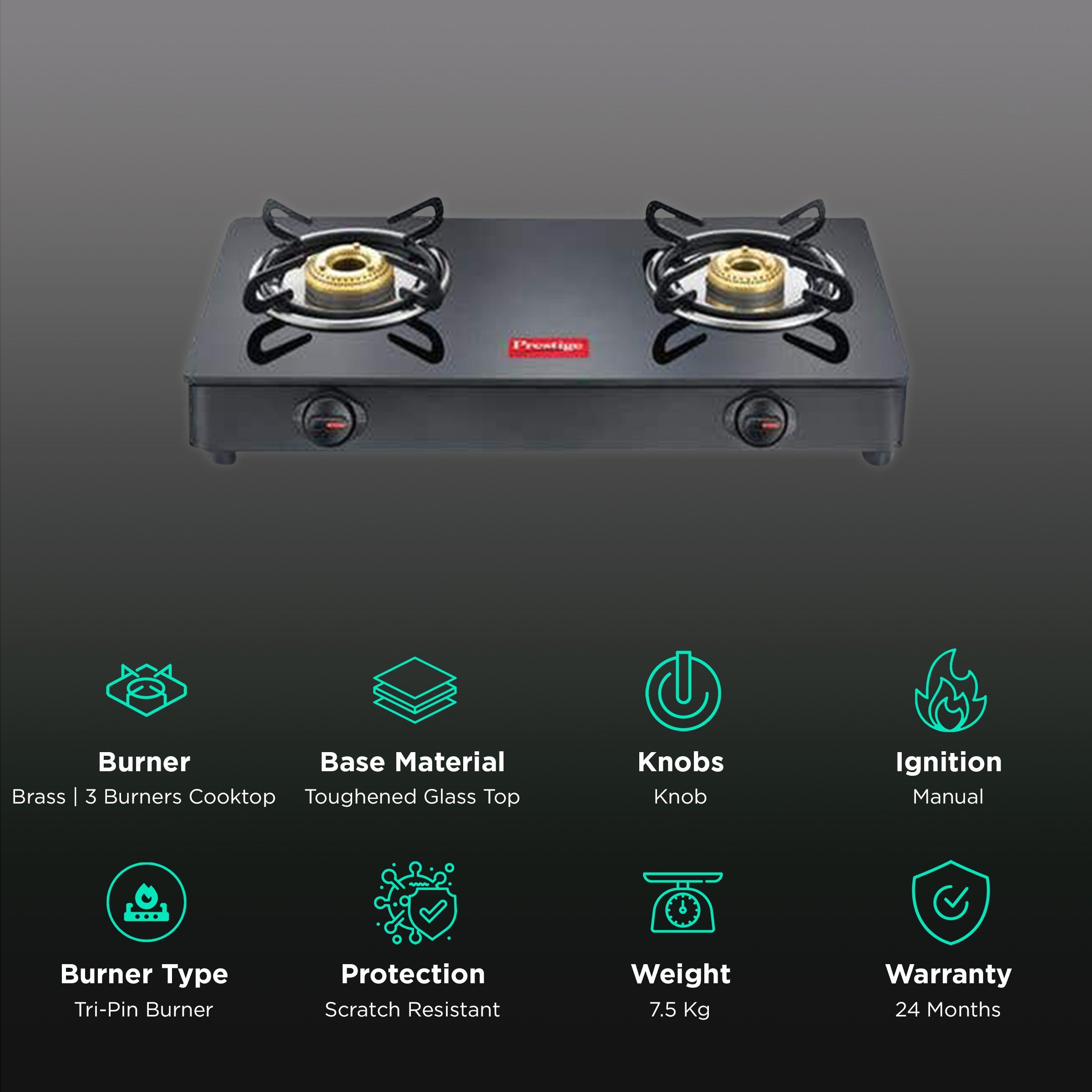 Prestige Magic GTMC Toughened Glass Top 3 Burner Manual Gas Stove (Spill Proof, Black)_3