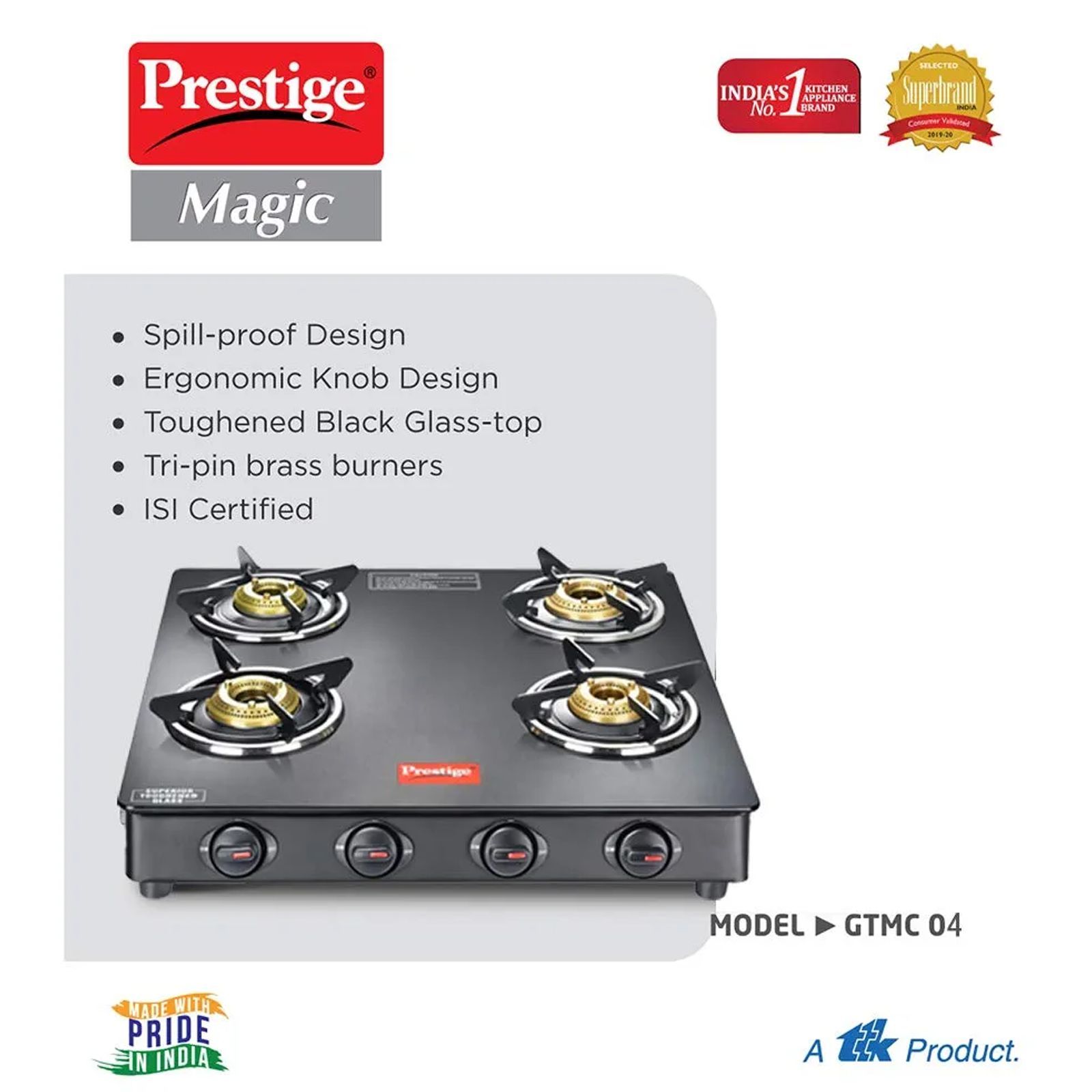 Prestige Magic GTMC Toughened Glass Top 4 Burner Manual Gas Stove (Spill Proof, Black)_4