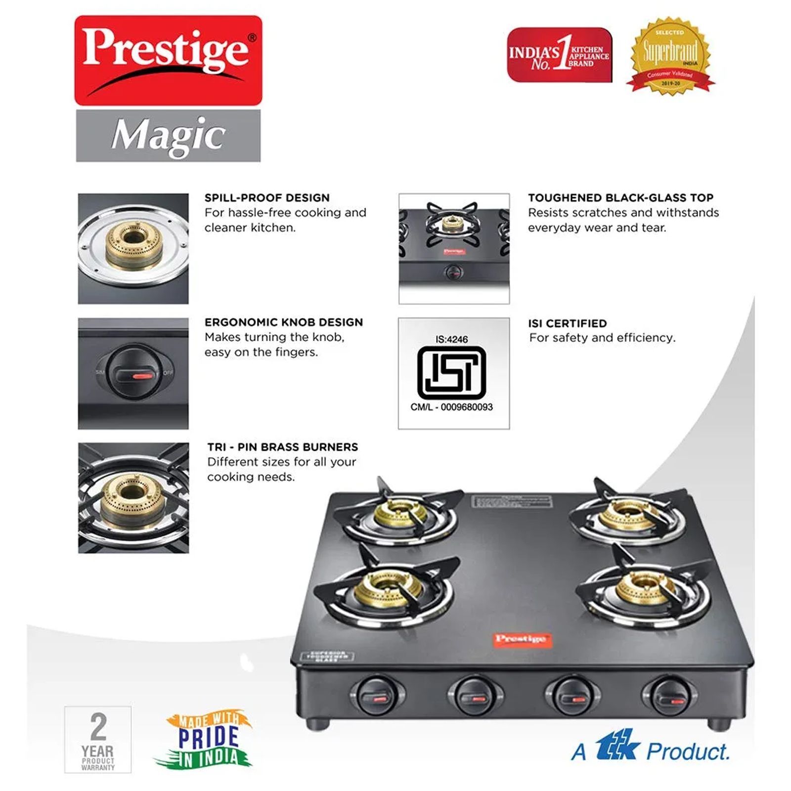 Prestige Magic GTMC Toughened Glass Top 4 Burner Manual Gas Stove (Spill Proof, Black)_5