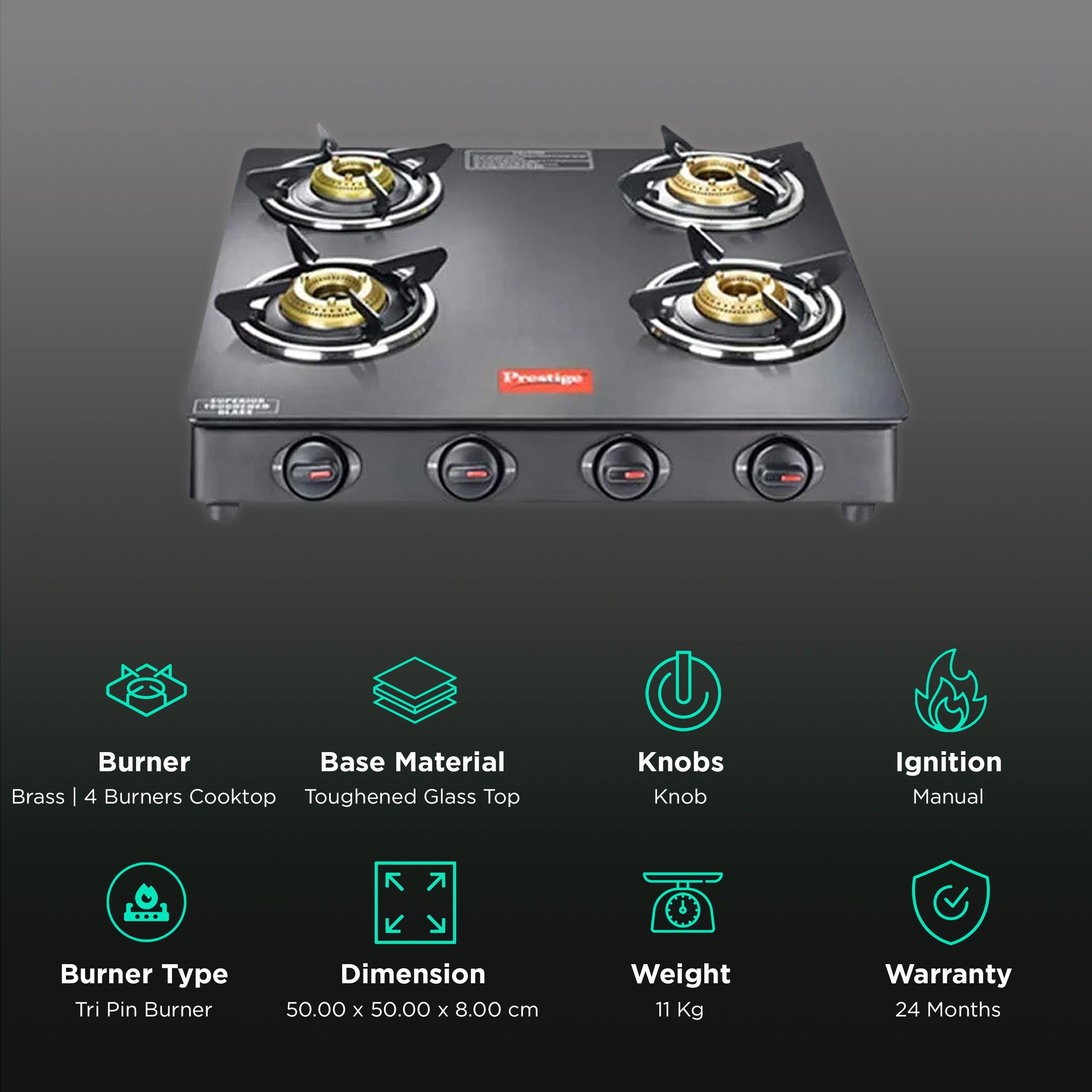 Prestige Magic GTMC Toughened Glass Top 4 Burner Manual Gas Stove (Spill Proof, Black)_3
