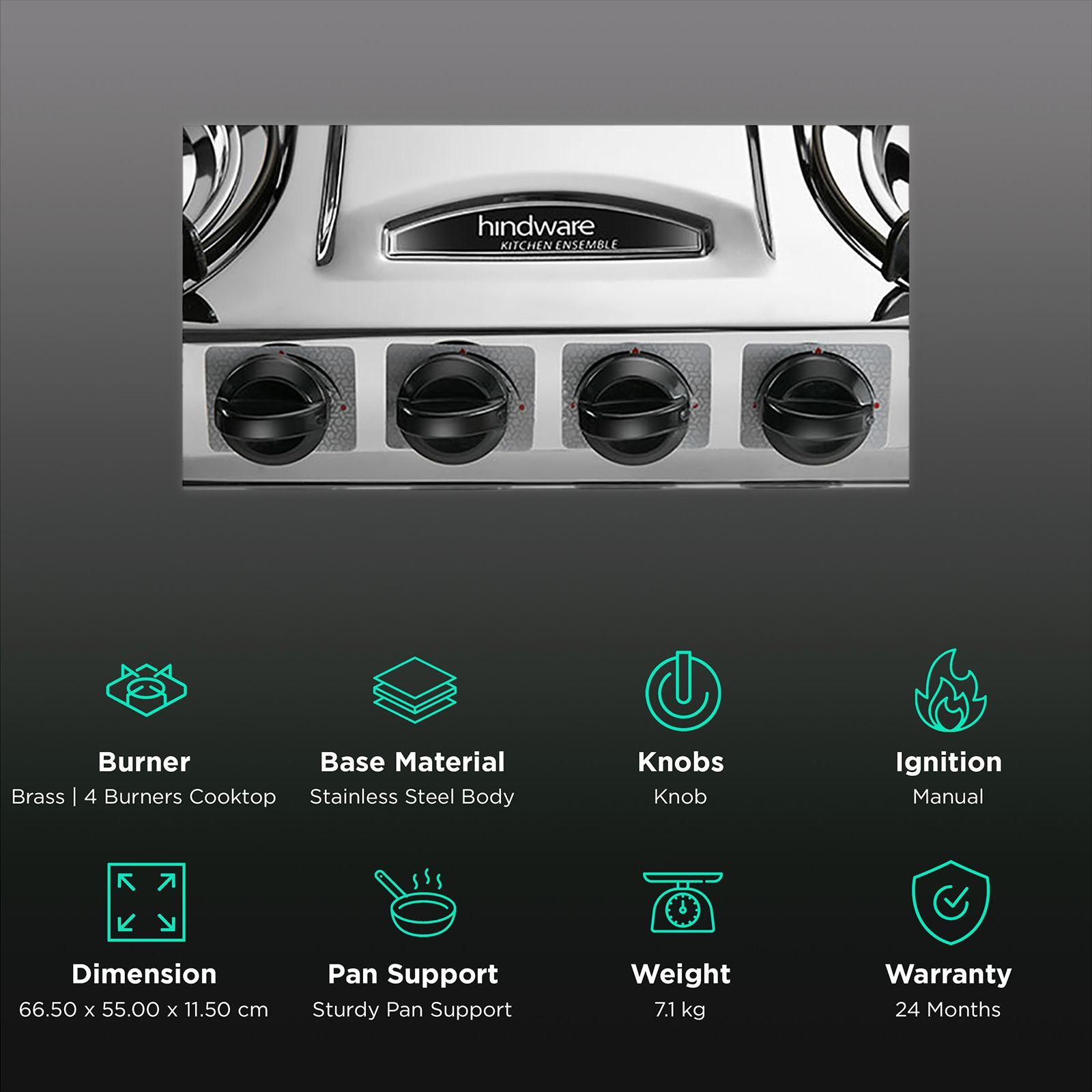 Hindware Festo 4 Burner Manual Gas Stove (Sturdy Pan Support, Silver)_2