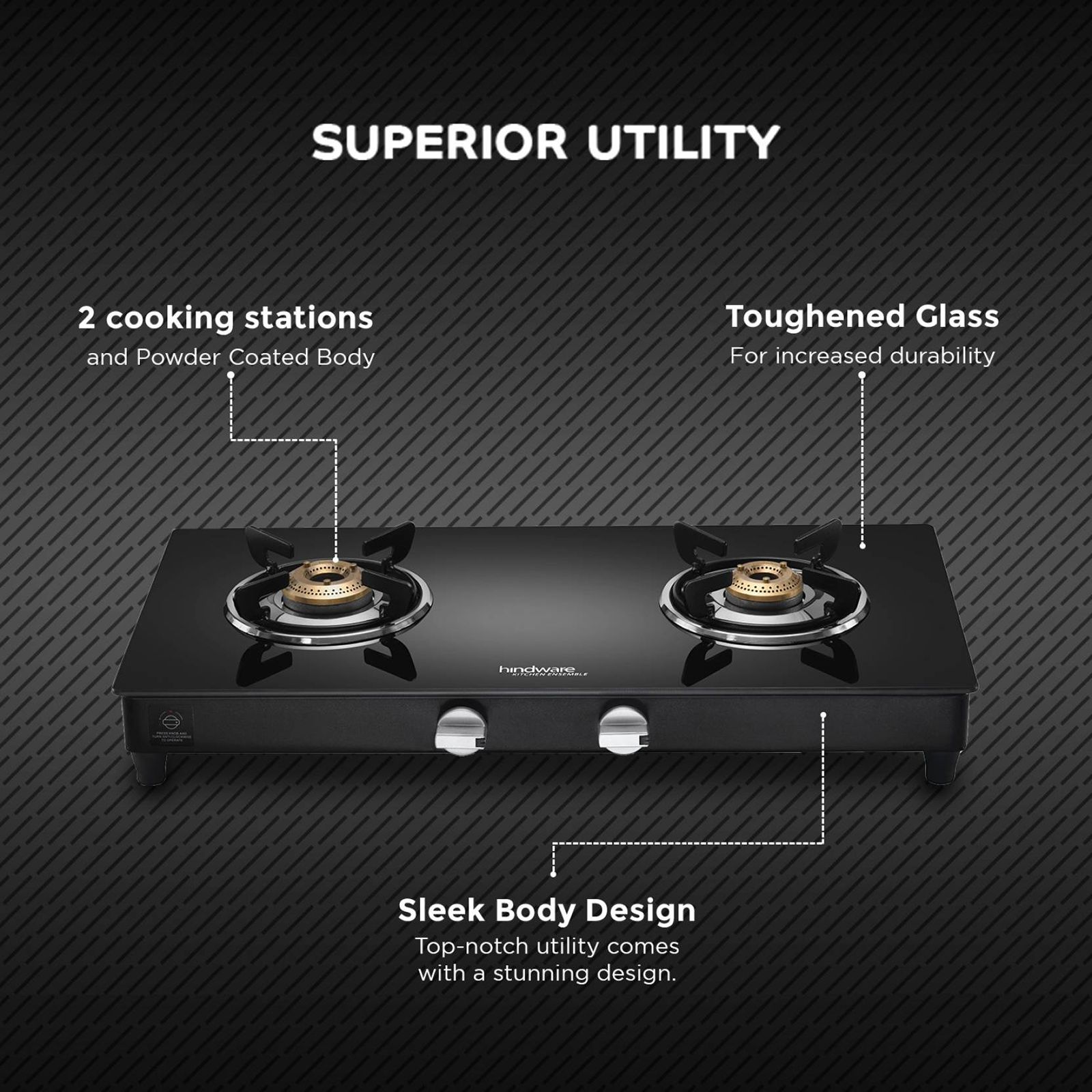 Hindware ARMO Plus Toughened Glass Top 2 Burner Manual Gas Stove (Sleek Body Design, Black)_5