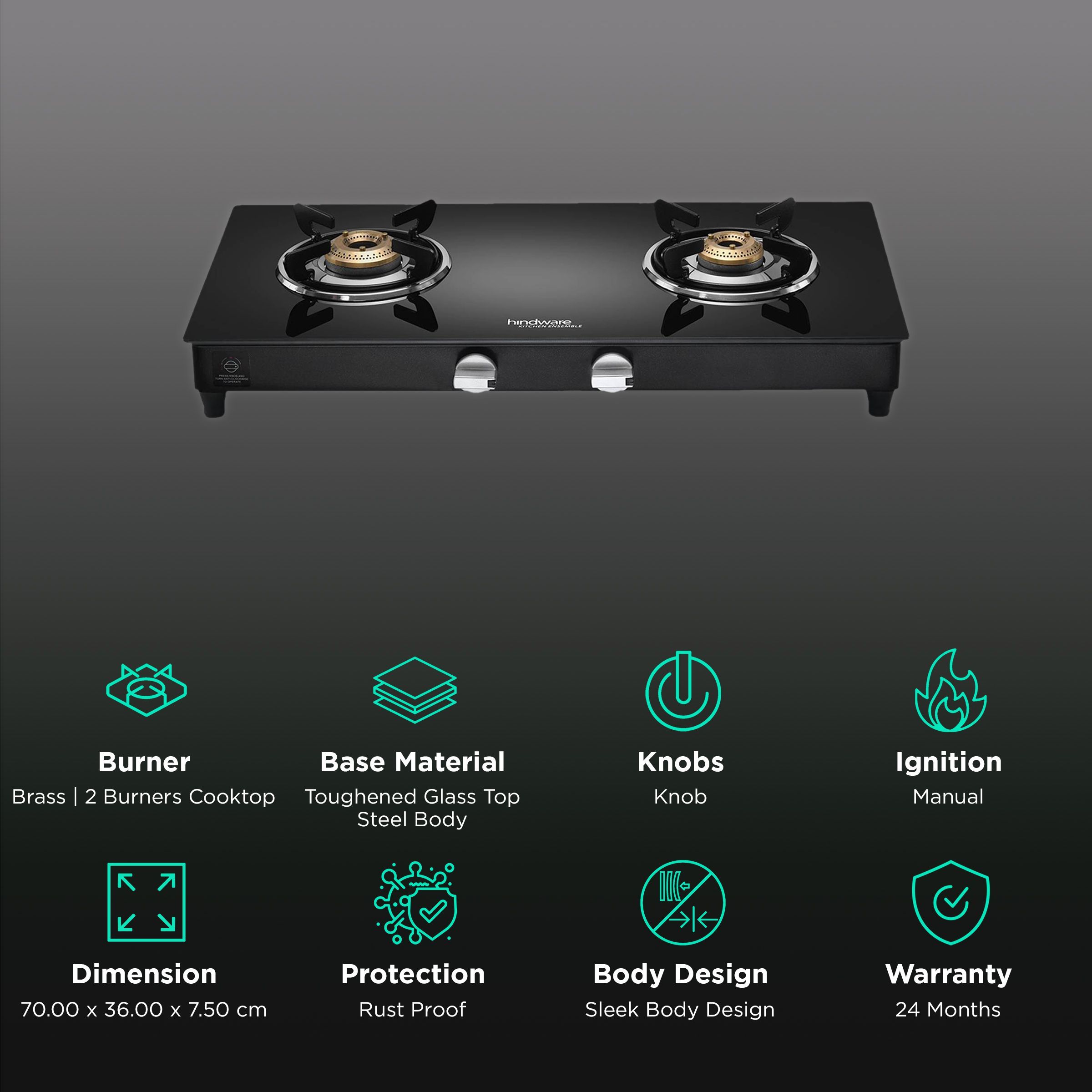 Hindware ARMO Plus Toughened Glass Top 2 Burner Manual Gas Stove (Sleek Body Design, Black)_3