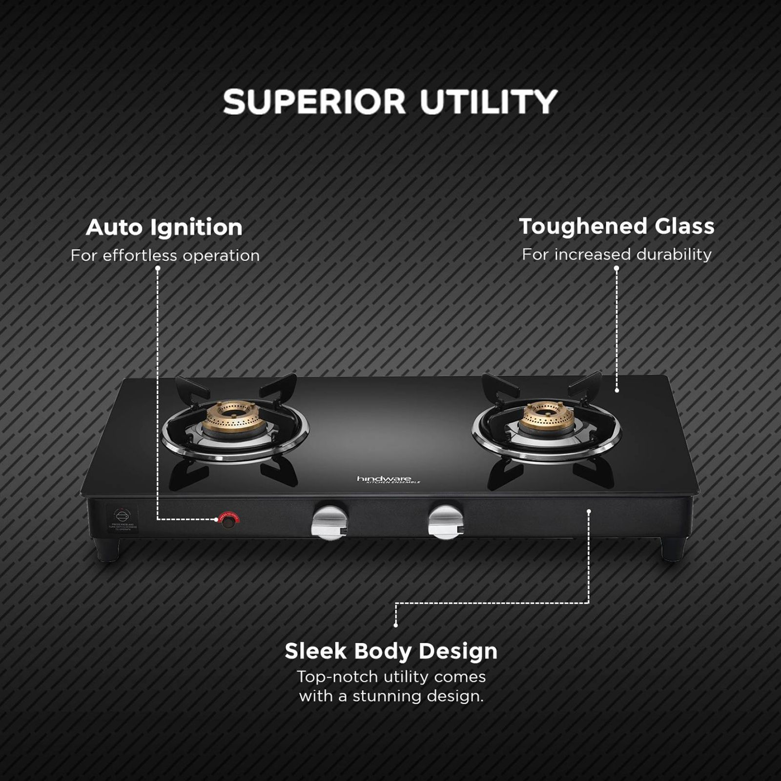 Hindware ARMO Plus Toughened Glass Top 2 Burner Automatic Gas Stove (Sleek Body Design, Black)_5