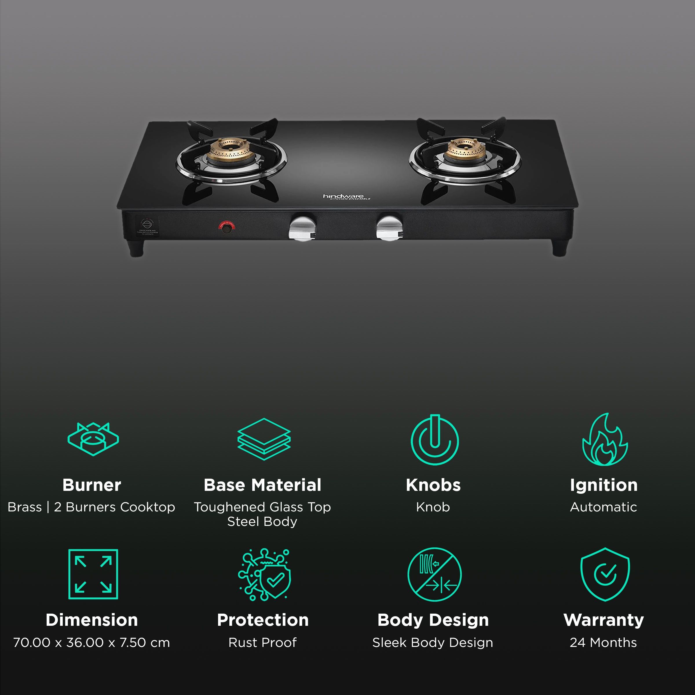 Hindware ARMO Plus Toughened Glass Top 2 Burner Automatic Gas Stove (Sleek Body Design, Black)_3