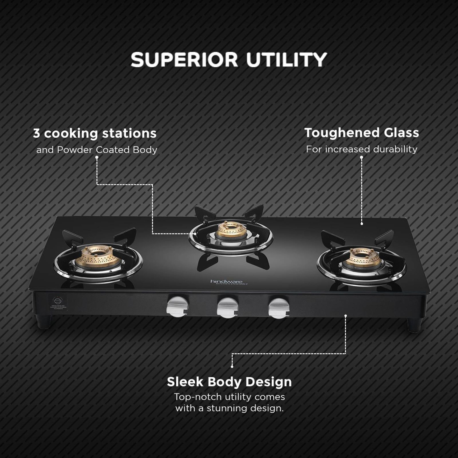 Hindware ARMO Plus Toughened Glass Top 3 Burner Manual Gas Stove (Sleek Body Design, Black)_5