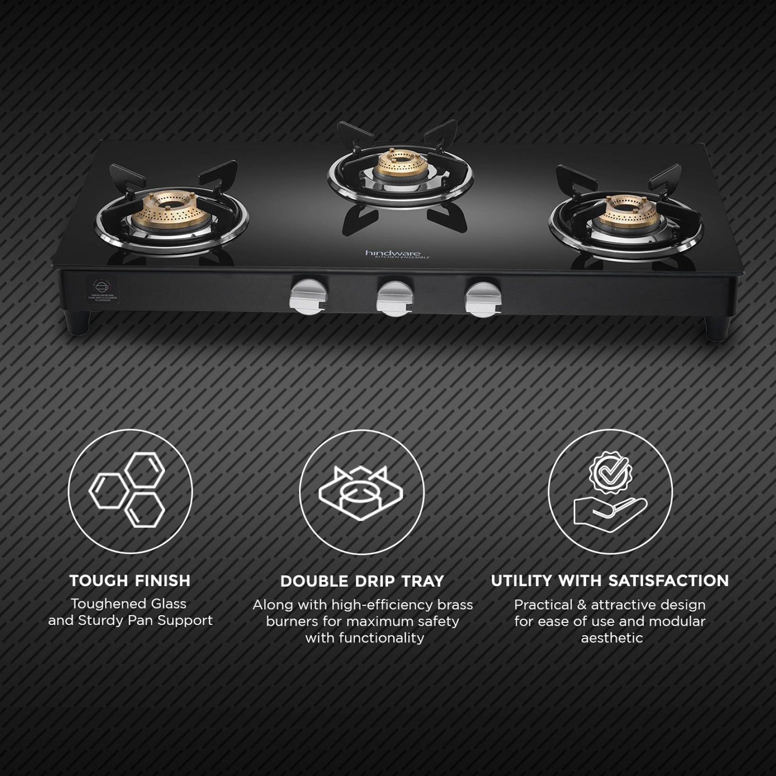 Hindware ARMO Plus Toughened Glass Top 3 Burner Manual Gas Stove (Sleek Body Design, Black)_6