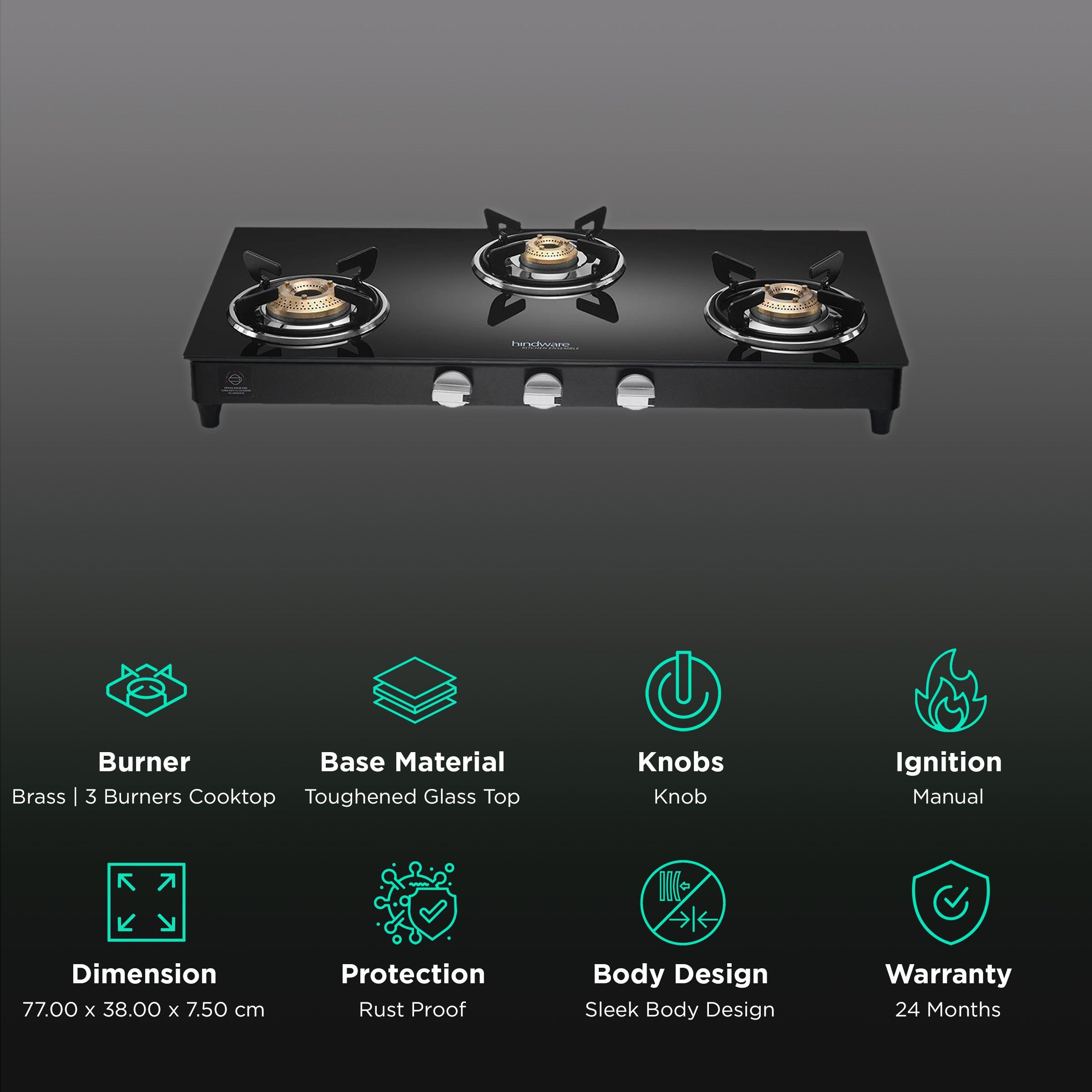 Hindware ARMO Plus Toughened Glass Top 3 Burner Manual Gas Stove (Sleek Body Design, Black)_3