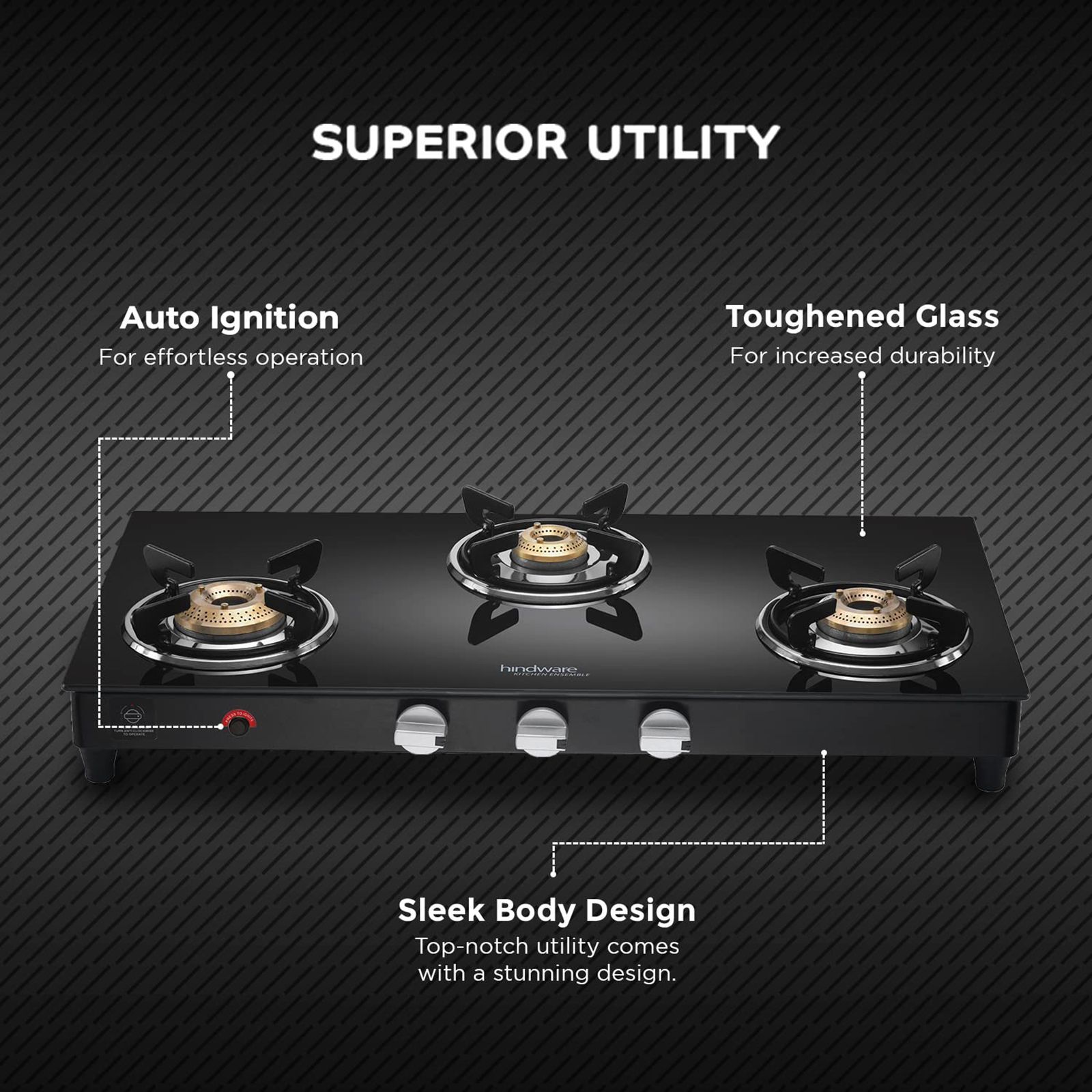 Hindware ARMO Plus Toughened Glass Top 3 Burner Automatic Gas Stove (Sleek Body Design, Black)_5