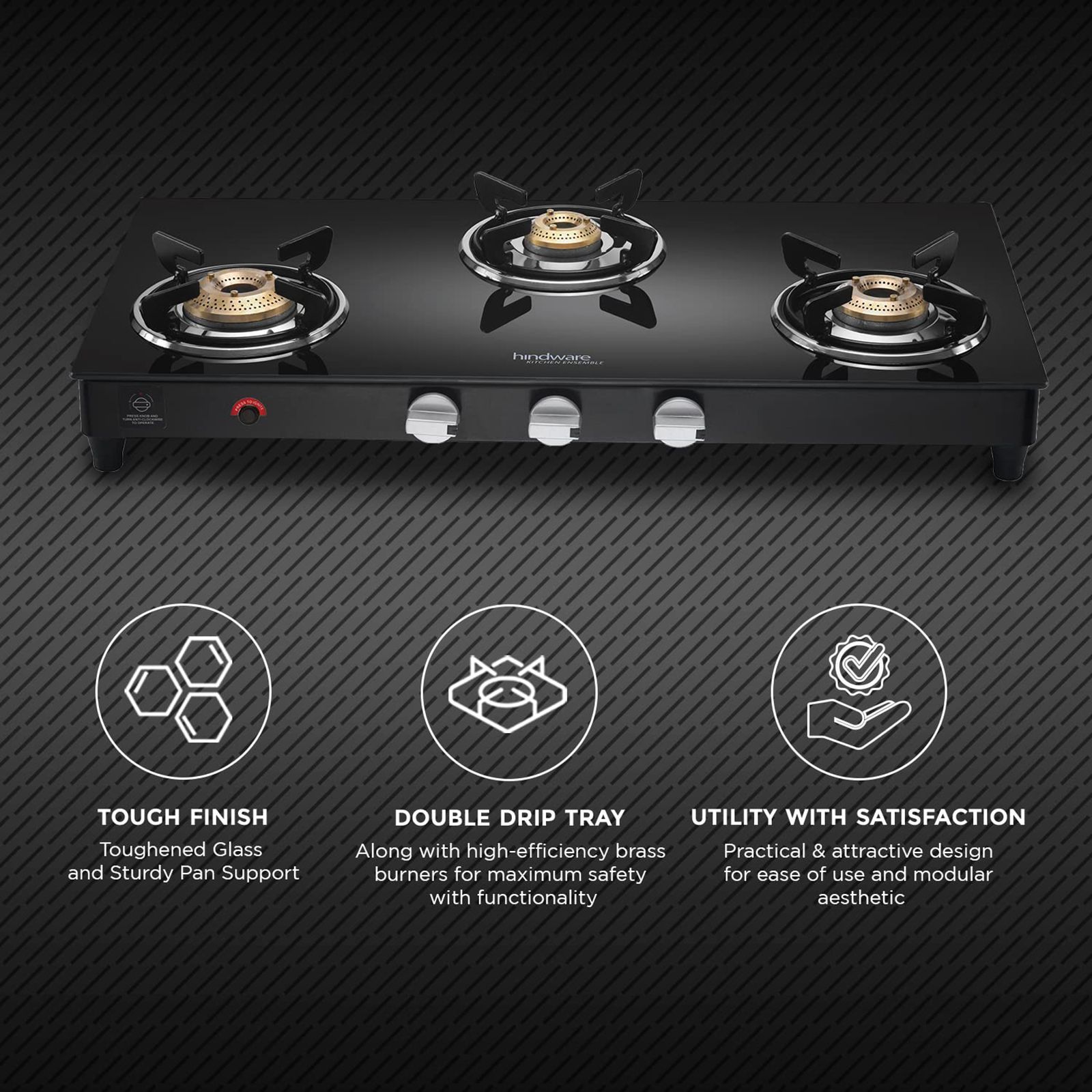 Hindware ARMO Plus Toughened Glass Top 3 Burner Automatic Gas Stove (Sleek Body Design, Black)_6