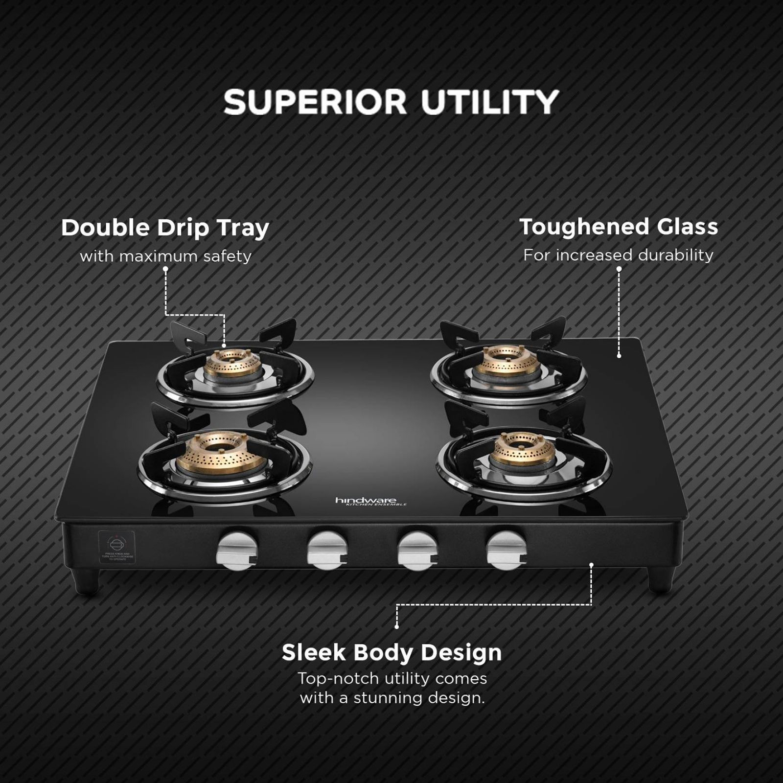 Hindware ARMO Plus GL Toughened Glass Top 4 Burner Manual Gas Stove (Rust Proof, Black)_5