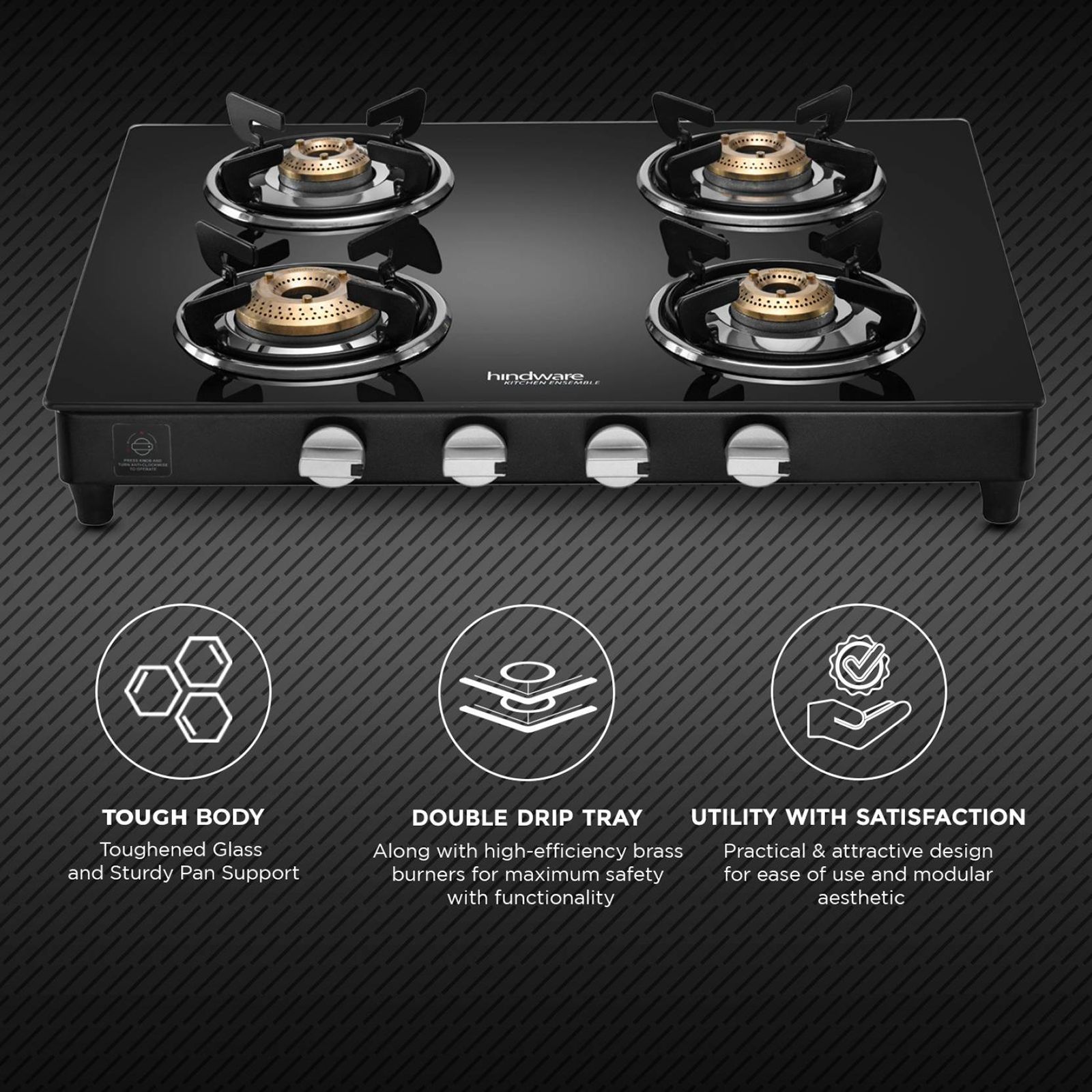 Hindware ARMO Plus GL Toughened Glass Top 4 Burner Manual Gas Stove (Rust Proof, Black)_6