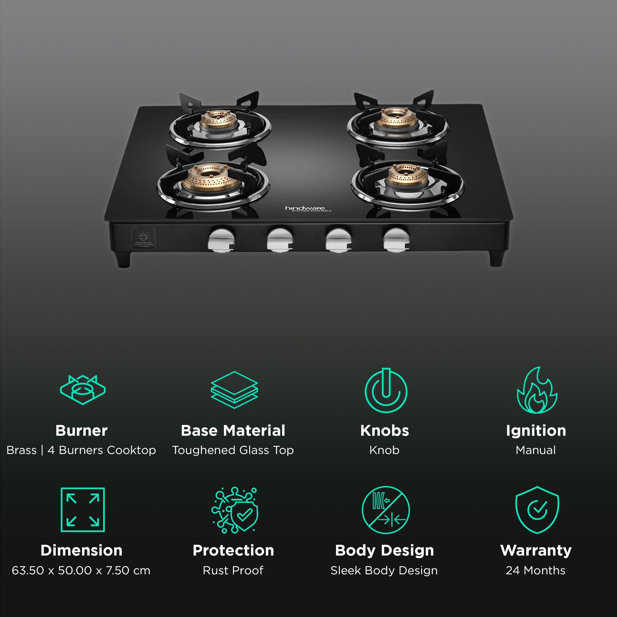 Hindware ARMO Plus GL Toughened Glass Top 4 Burner Manual Gas Stove (Rust Proof, Black)_3