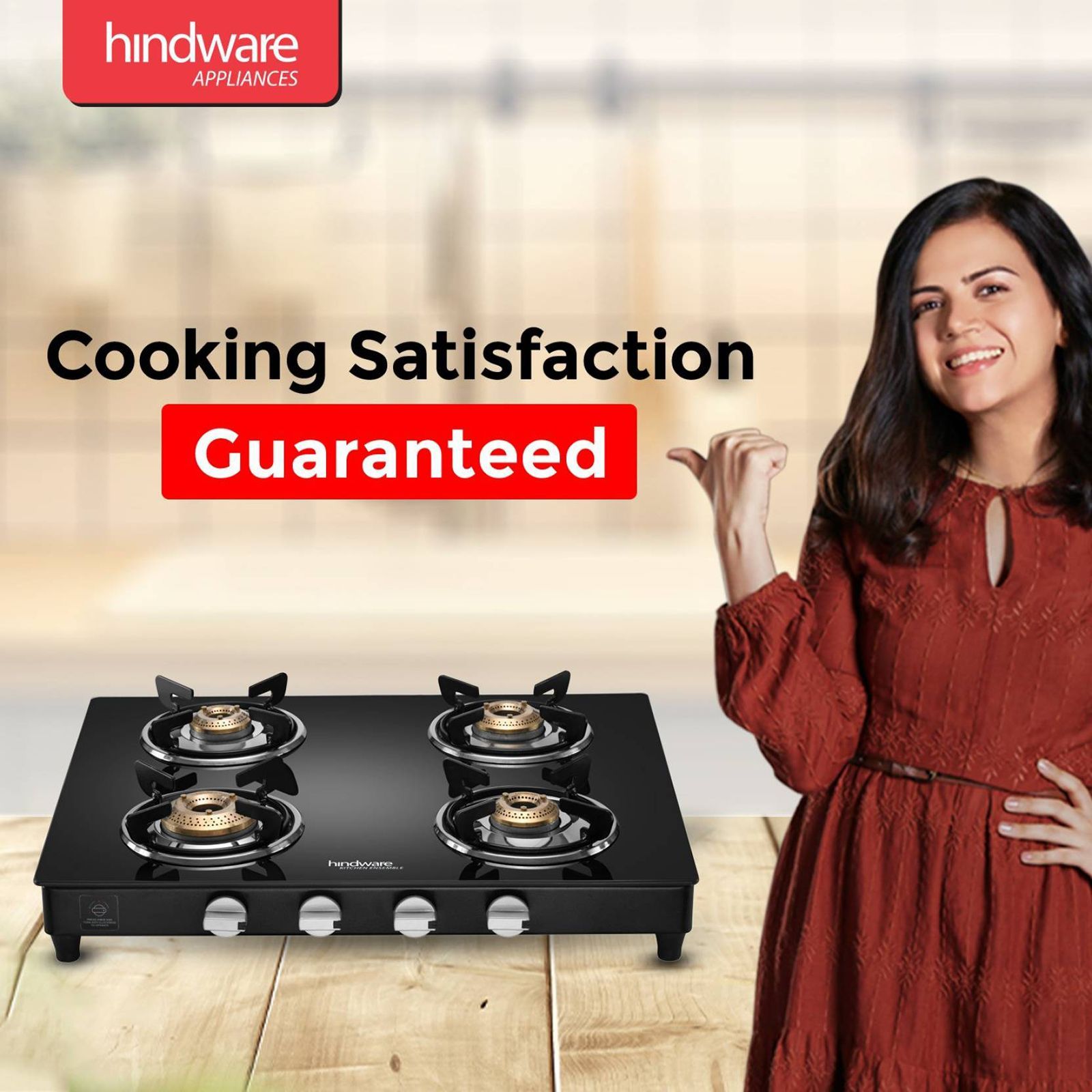 Hindware ARMO Plus GL Toughened Glass Top 4 Burner Manual Gas Stove (Rust Proof, Black)_4