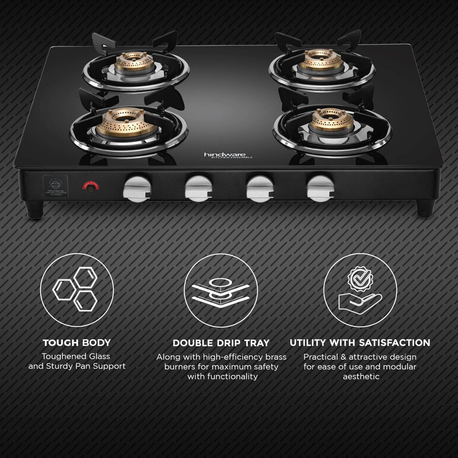 Hindware ARMO Plus Toughened Glass Top 4 Burner Automatic Gas Stove (Sleek Body Design, Black)_6