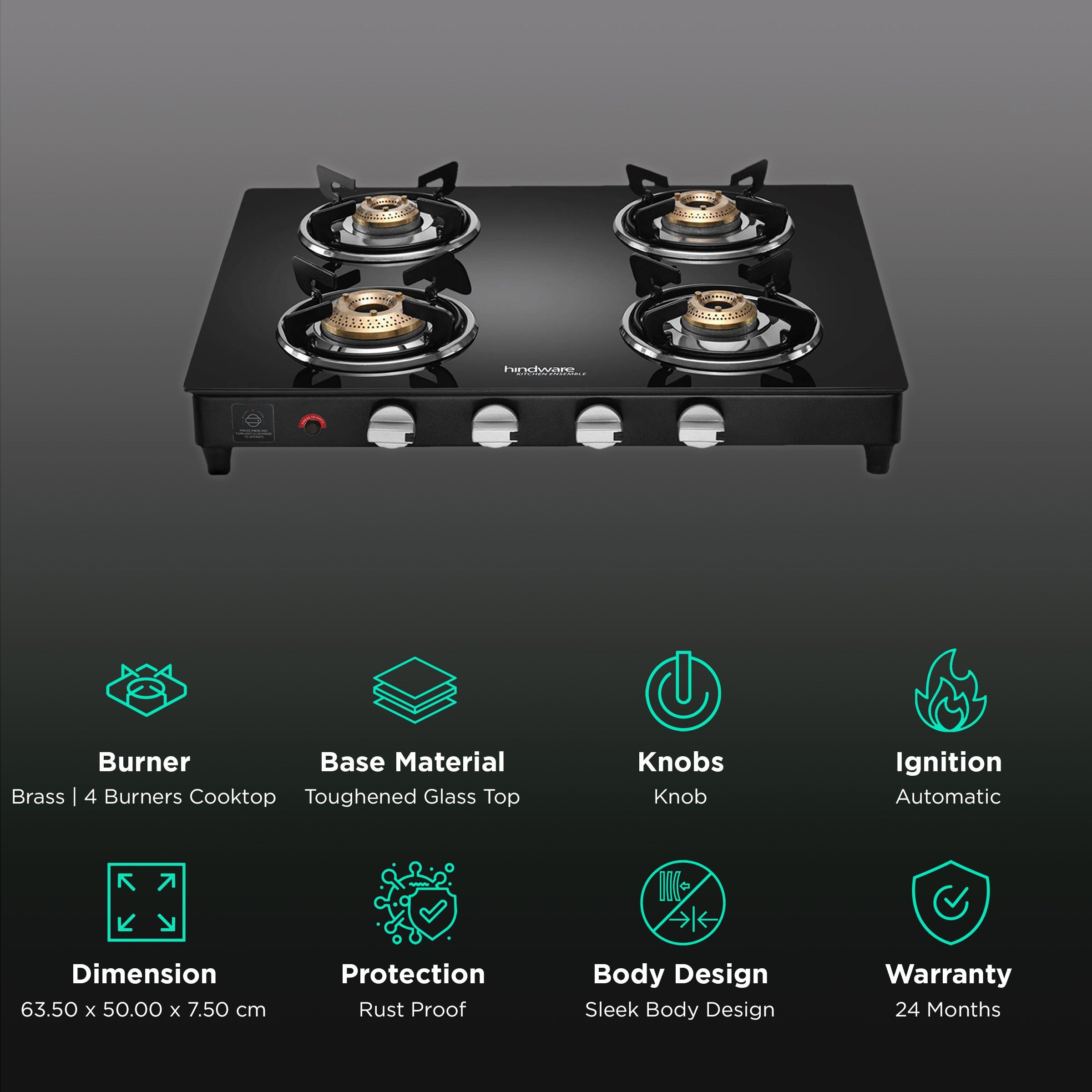 Hindware ARMO Plus Toughened Glass Top 4 Burner Automatic Gas Stove (Sleek Body Design, Black)_3