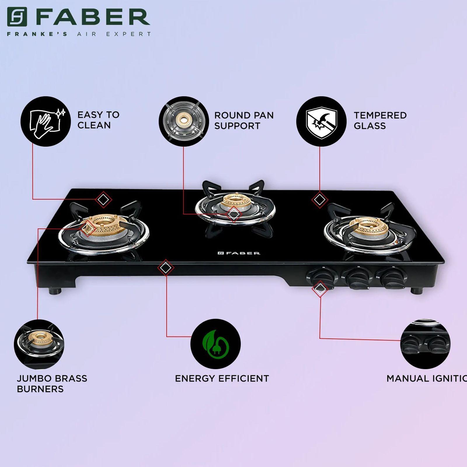 Faber MAGIC 3BB BK Tempered Glass Top 3 Burner Manual Gas Stove (Corrosion Resistance, Black)_7
