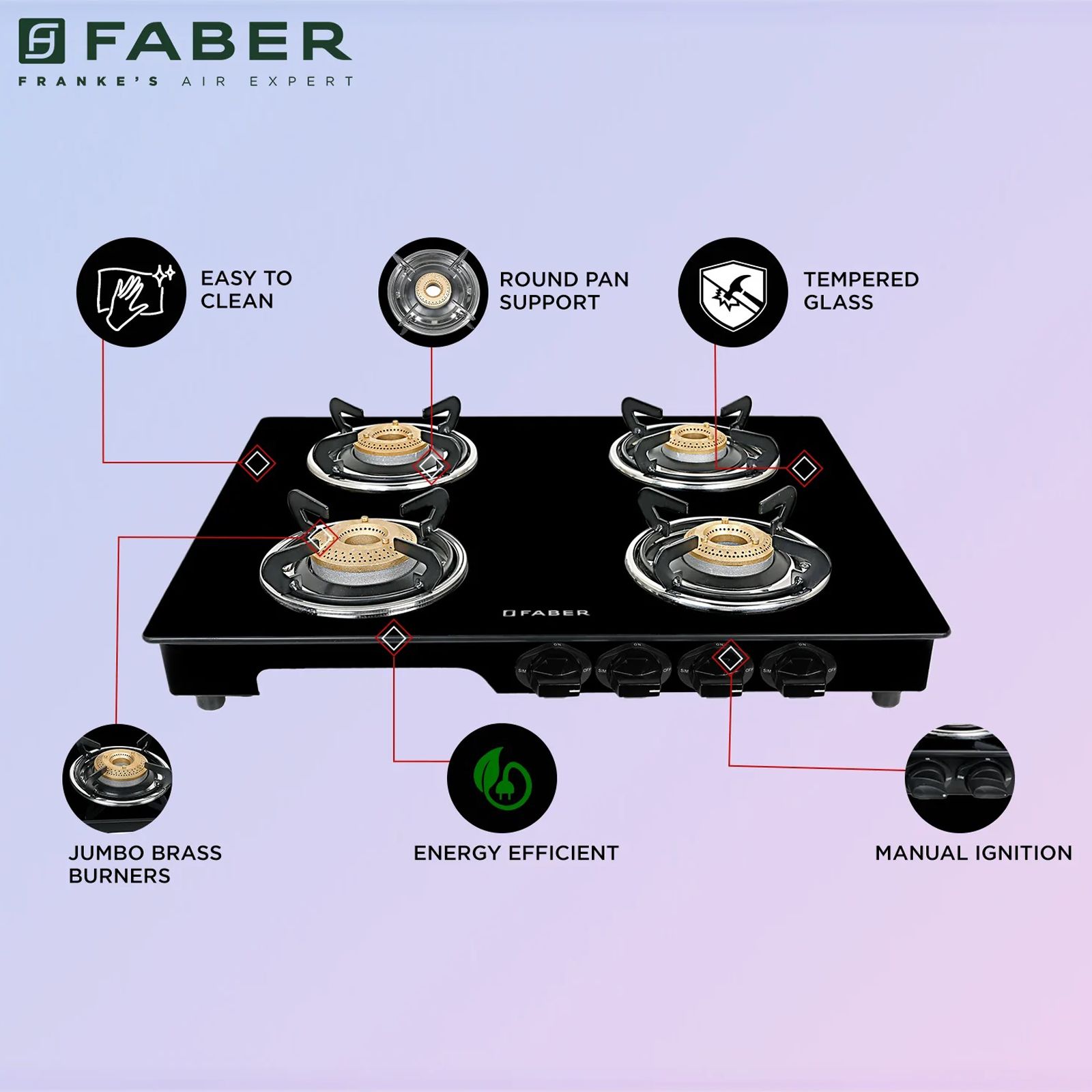 Faber MAGIC 4BB BK Tempered Glass Top 4 Burner Manual Gas Stove (Corrosion Resistance, Black)_10