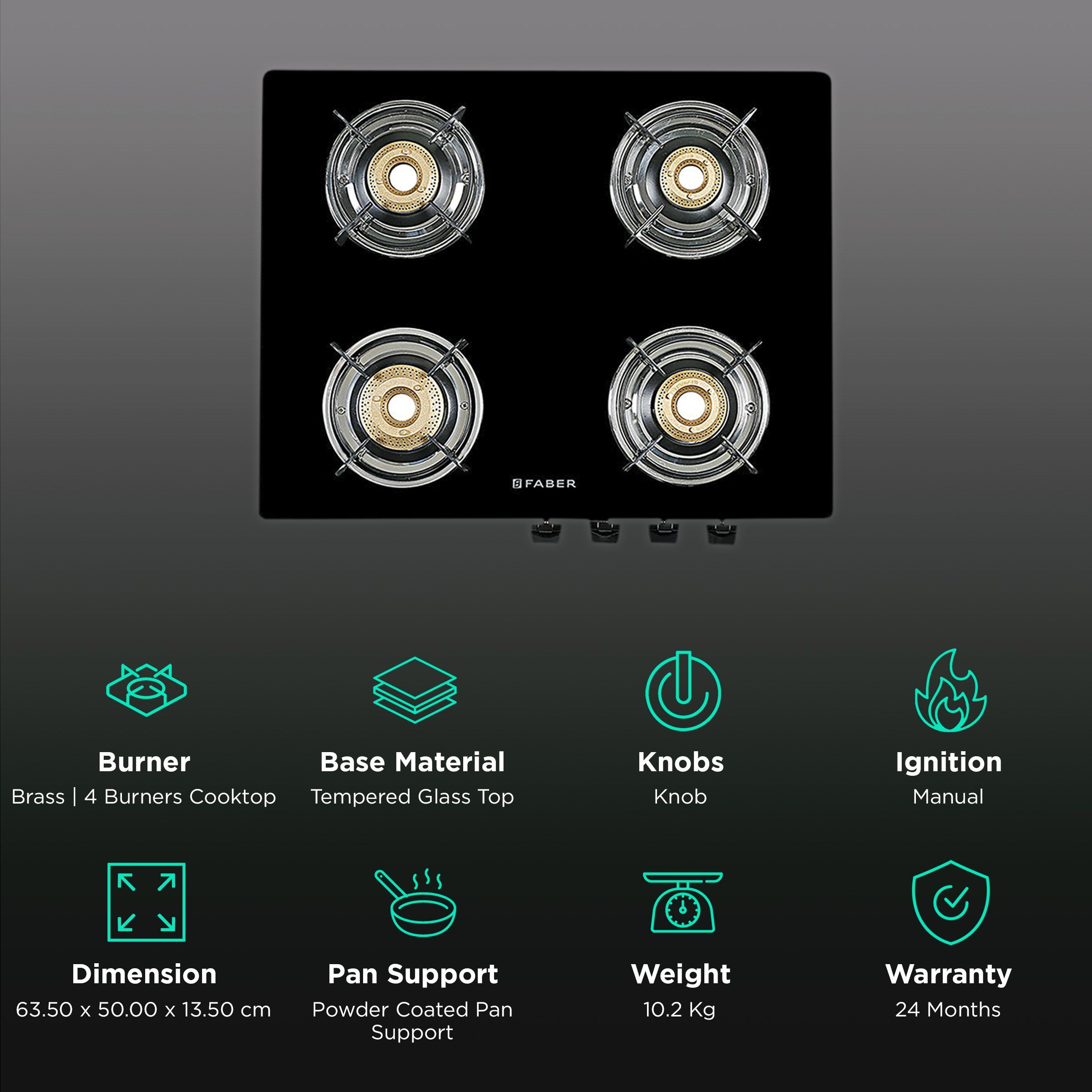 Faber MAGIC 4BB BK Tempered Glass Top 4 Burner Manual Gas Stove (Corrosion Resistance, Black)_3