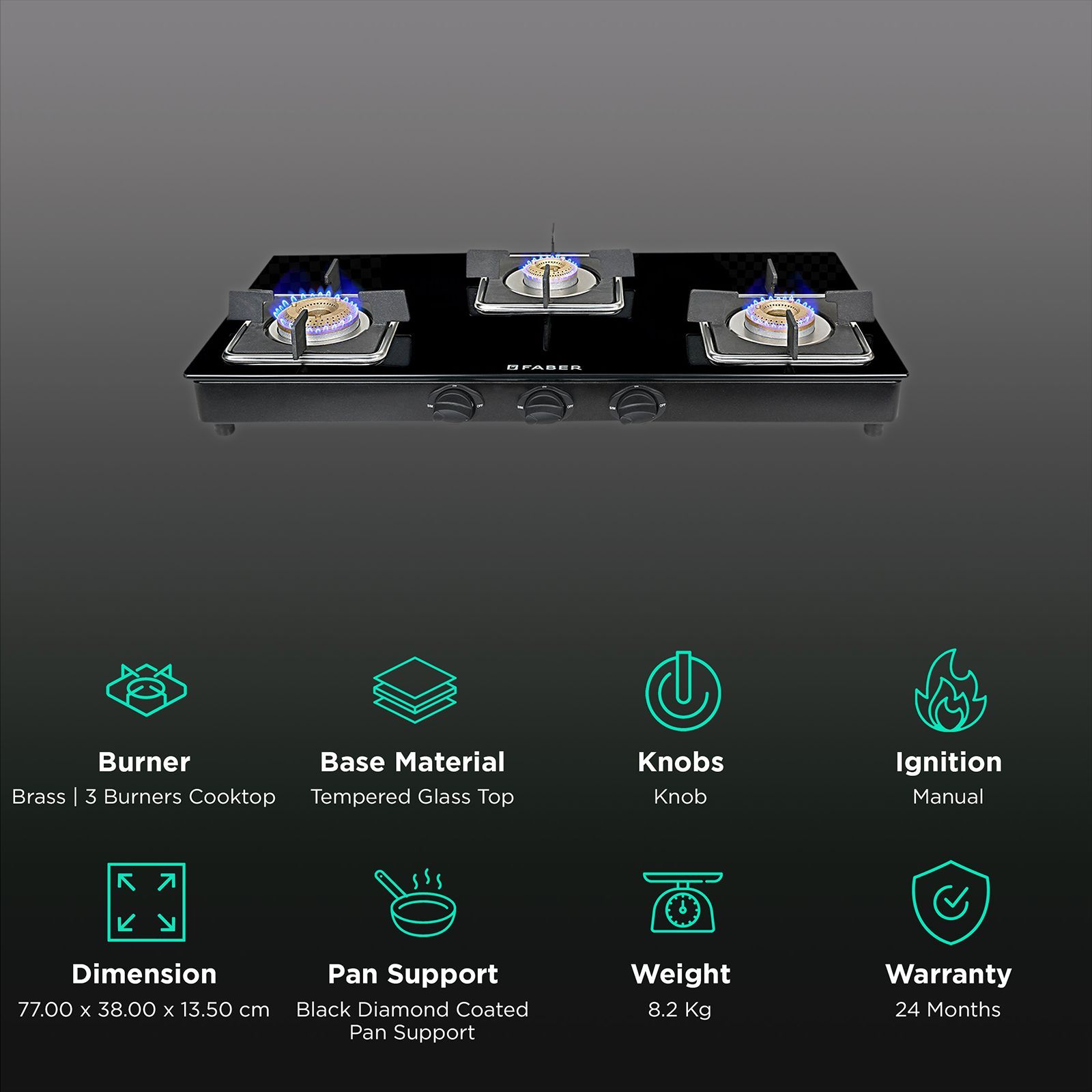 Faber PEARL 3BB BK Tempered Glass Top 3 Burner Manual Gas Stove (Corrosion Resistance, Black)_3