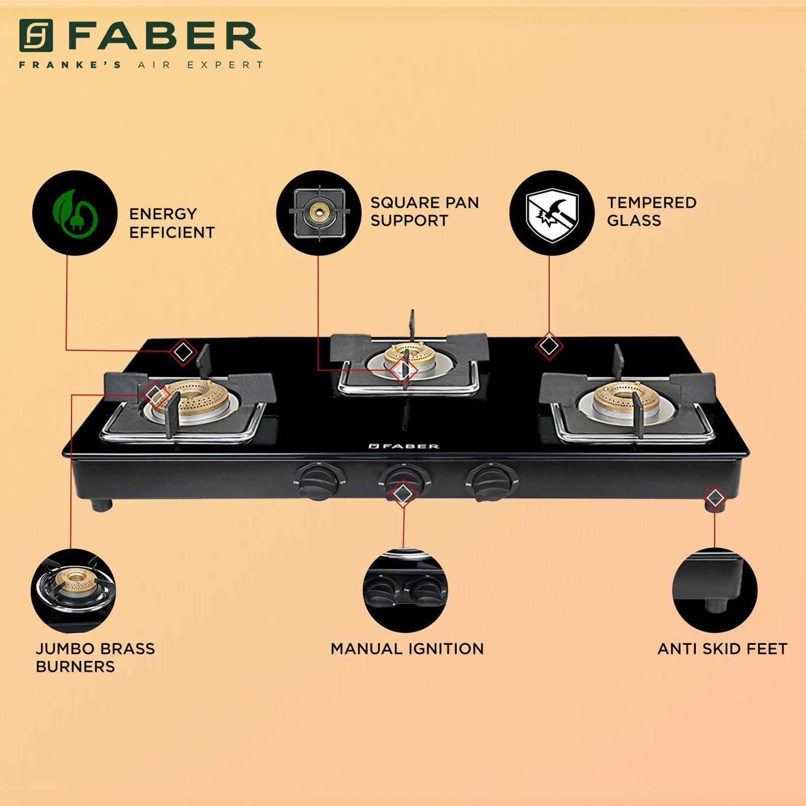 Faber PEARL 3BB BK Tempered Glass Top 3 Burner Manual Gas Stove (Corrosion Resistance, Black)_6