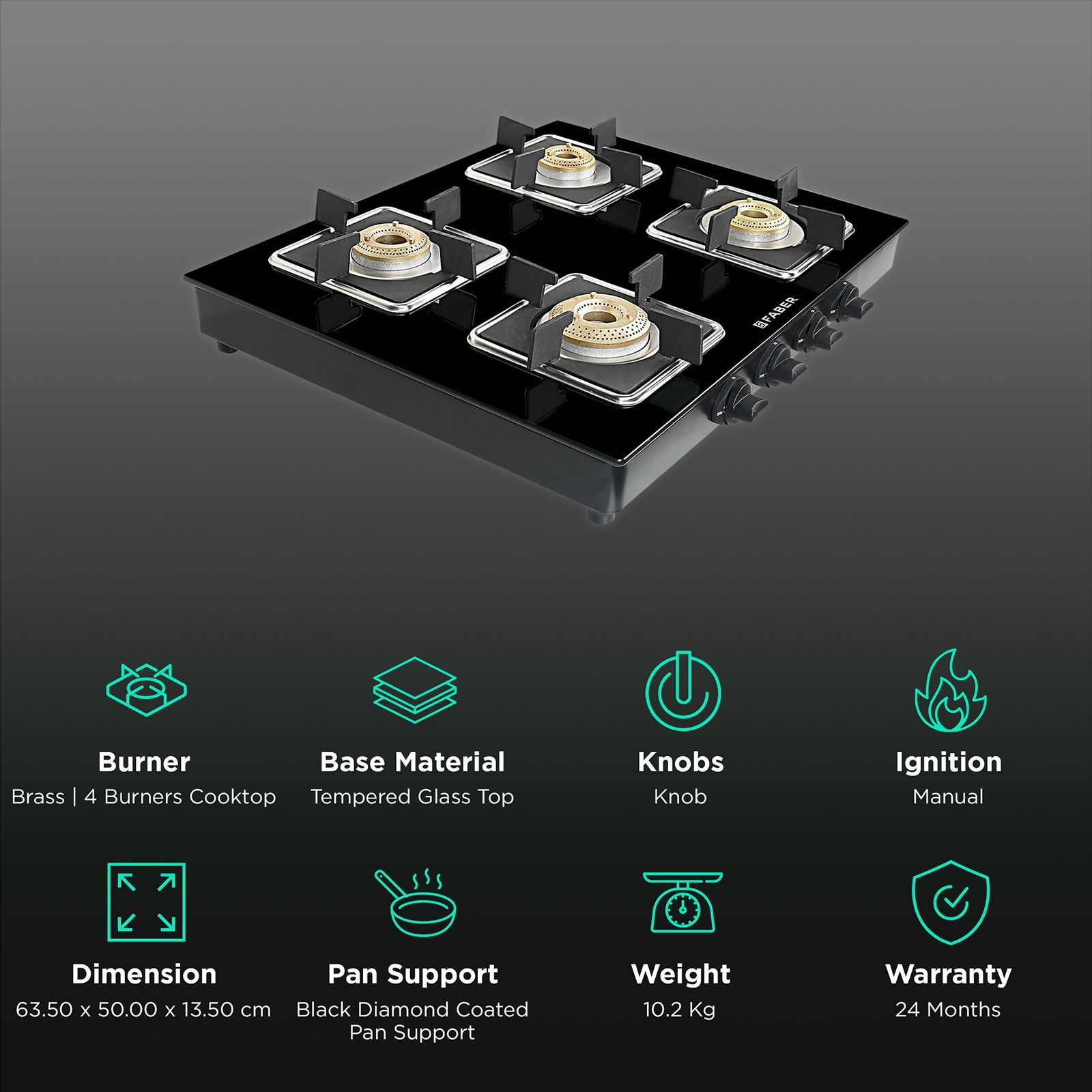 Faber PEARL 4BB BK Tempered Glass Top 4 Burner Manual Gas Stove (Corrosion Resistance, Black)_3
