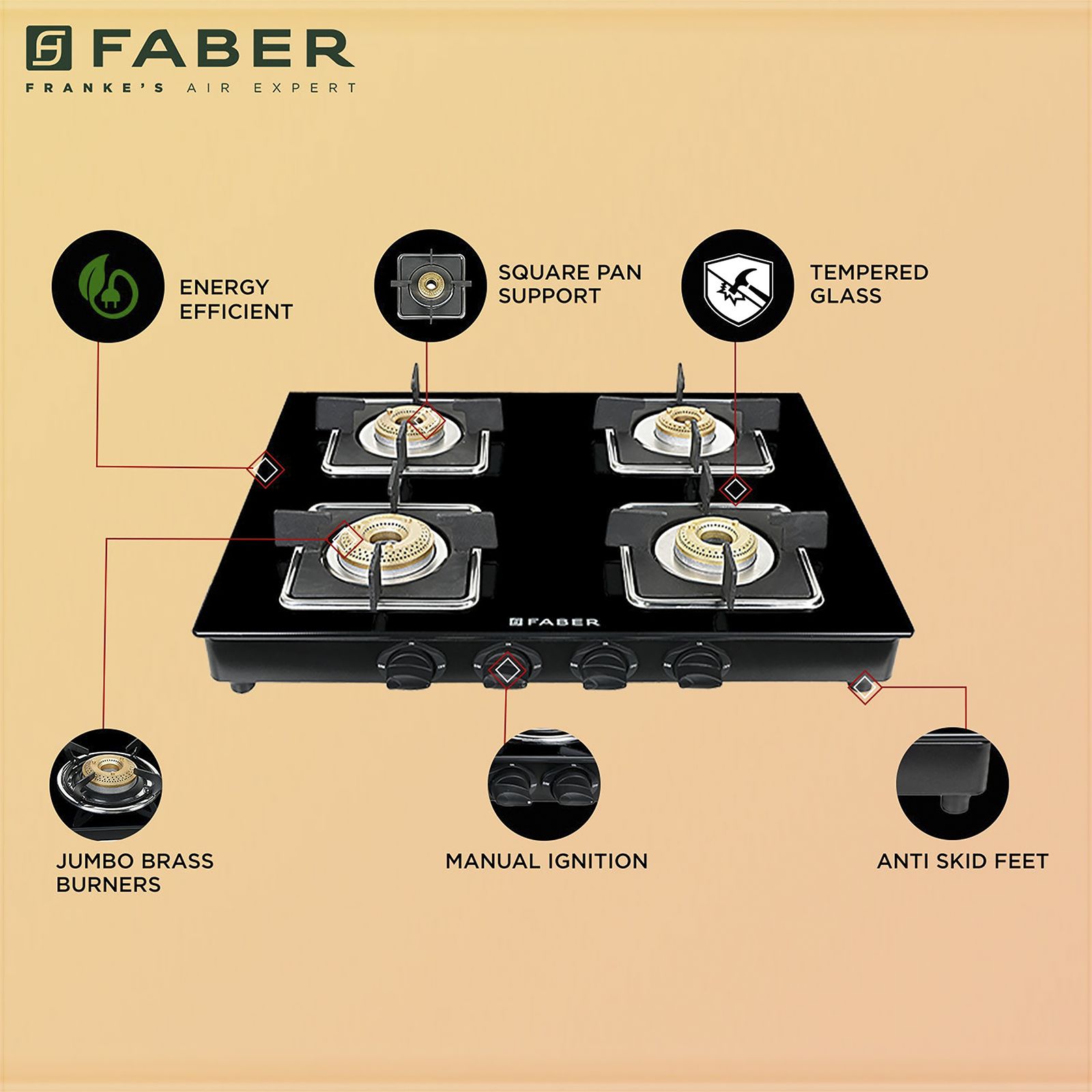 Faber PEARL 4BB BK Tempered Glass Top 4 Burner Manual Gas Stove (Corrosion Resistance, Black)_8