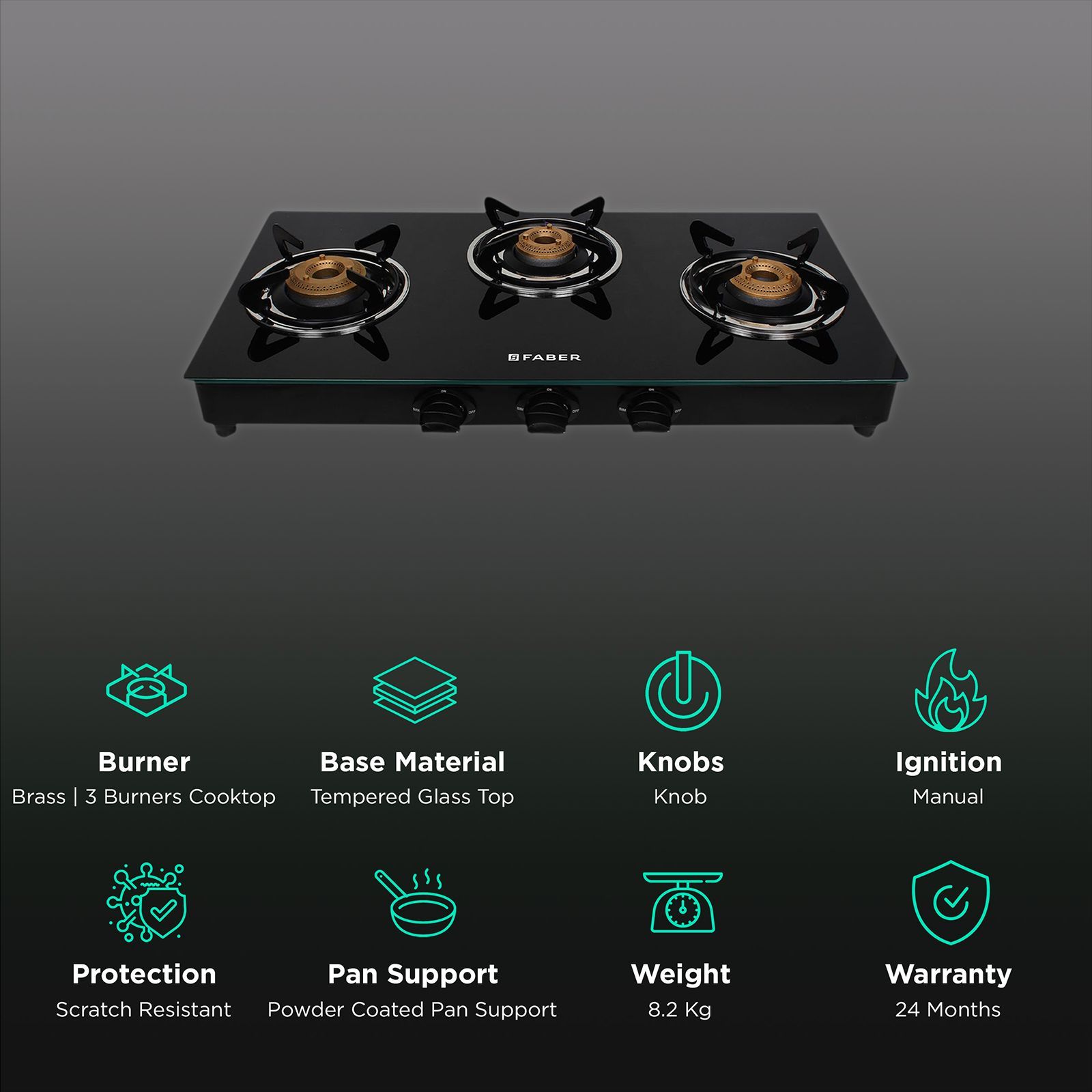 Faber DAISY 3BB BK Tempered Glass Top 3 Burner Manual Gas Stove (Scratch Resistant, Black)_3
