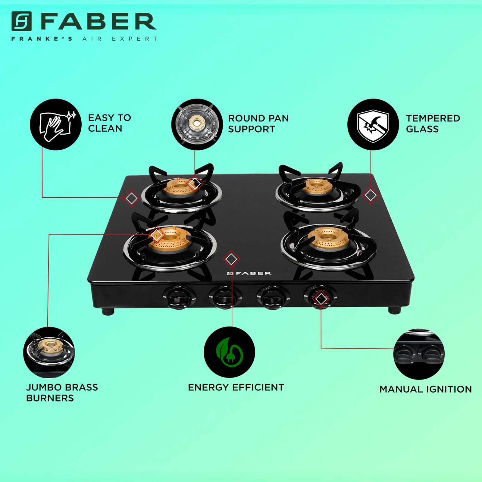 Faber DAISY 4BB BK Tempered Glass Top 4 Burner Manual Gas Stove (Scratch Resistant, Black)_9