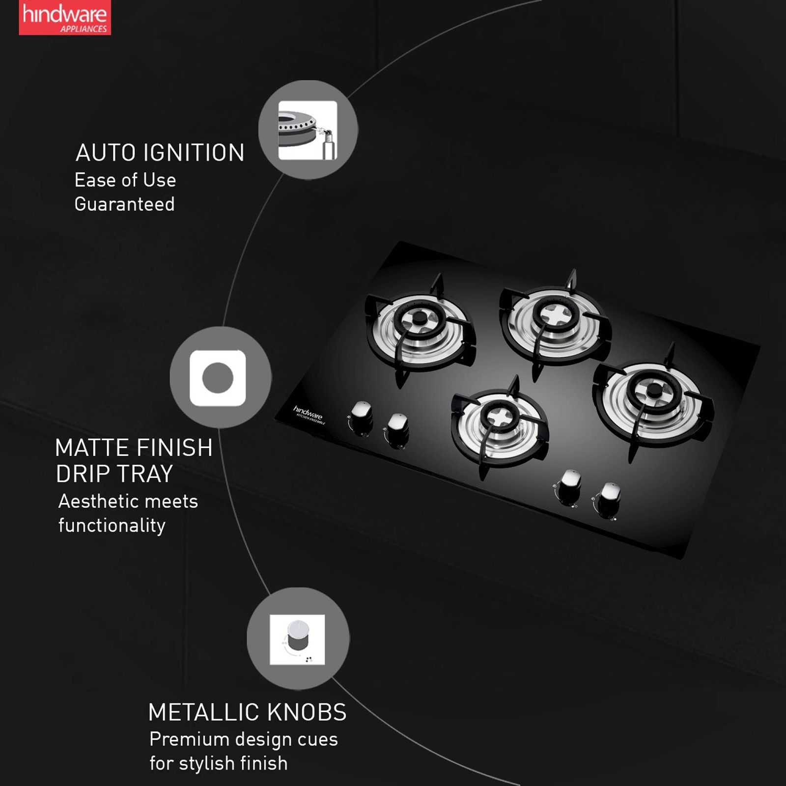 Hindware Amelia Plus Toughened Glass Top 4 Burner Automatic Electric Hob (Triple Ring Burner, Black)_7