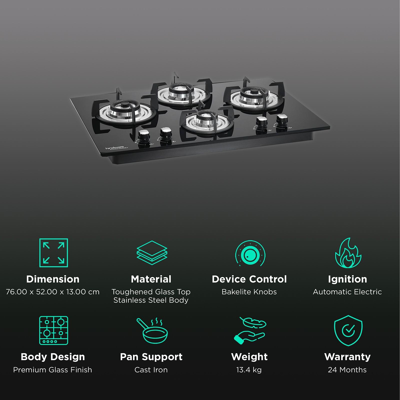 Hindware Amelia Plus Toughened Glass Top 4 Burner Automatic Electric Hob (Triple Ring Burner, Black)_3