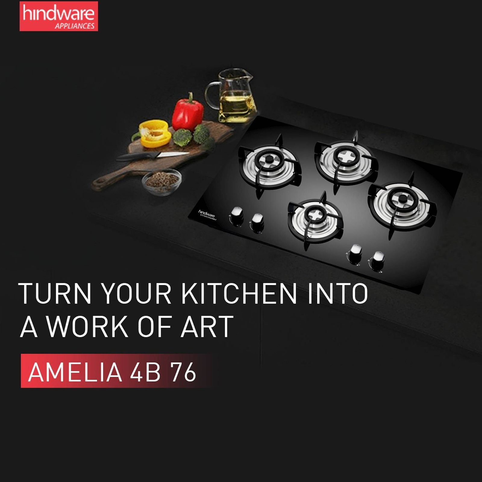 Hindware Amelia Plus Toughened Glass Top 4 Burner Automatic Electric Hob (Triple Ring Burner, Black)_5