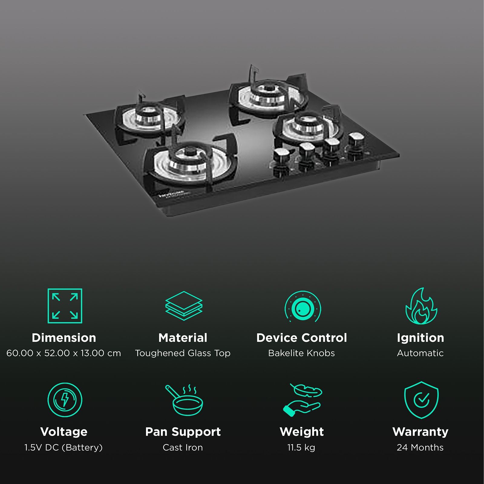 Hindware Sara Plus Toughened Glass Top 4 Burner Automatic Hob (Stainless Steel Drip Tray, Black)_3