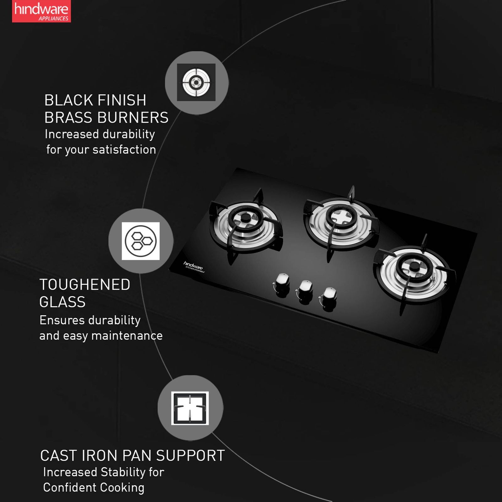 Hindware Ella Plus Toughened Glass Top 3 Burner Automatic Electric Hob (Triple Ring Burner, Black)_5