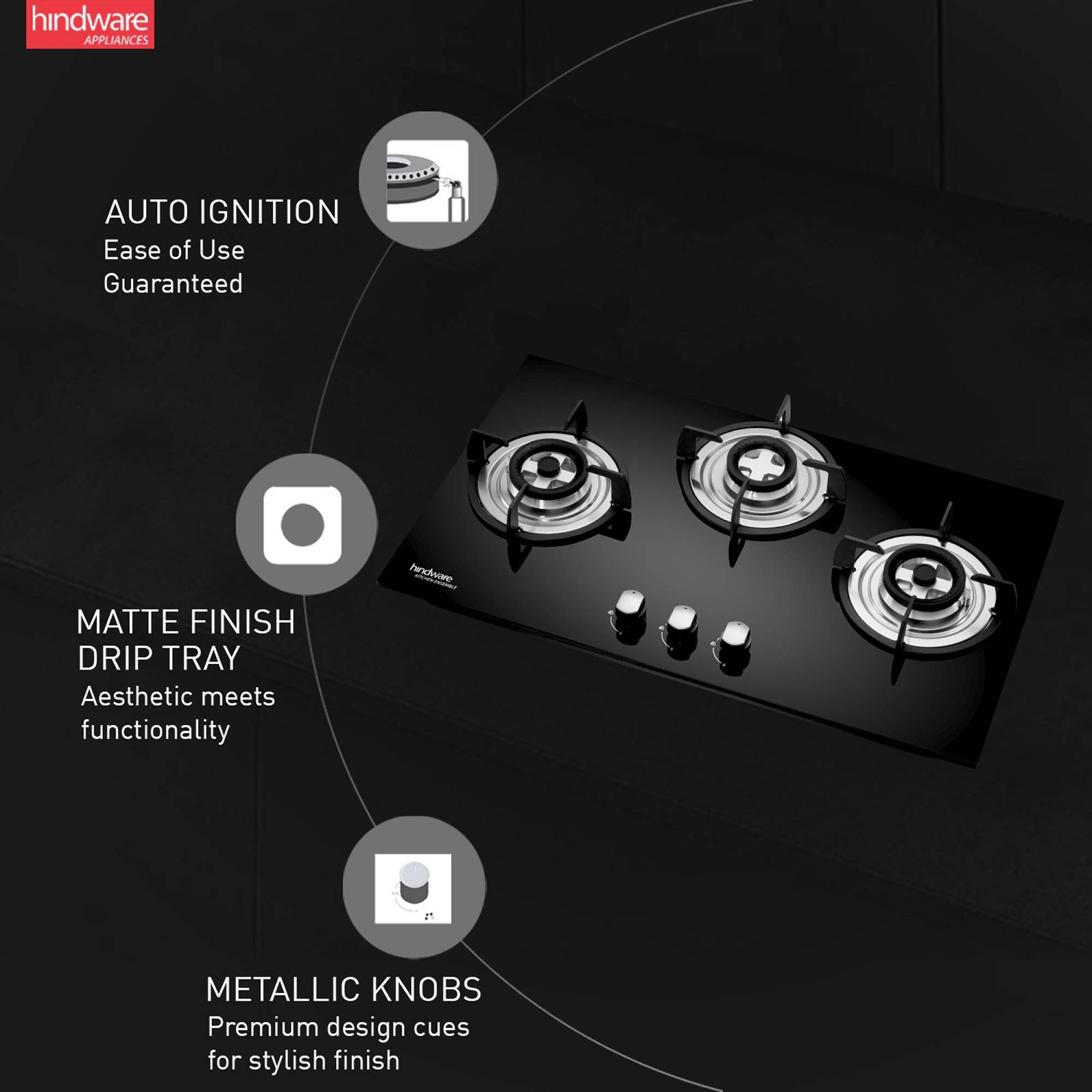 Hindware Ella Plus Toughened Glass Top 3 Burner Automatic Electric Hob (Triple Ring Burner, Black)_7