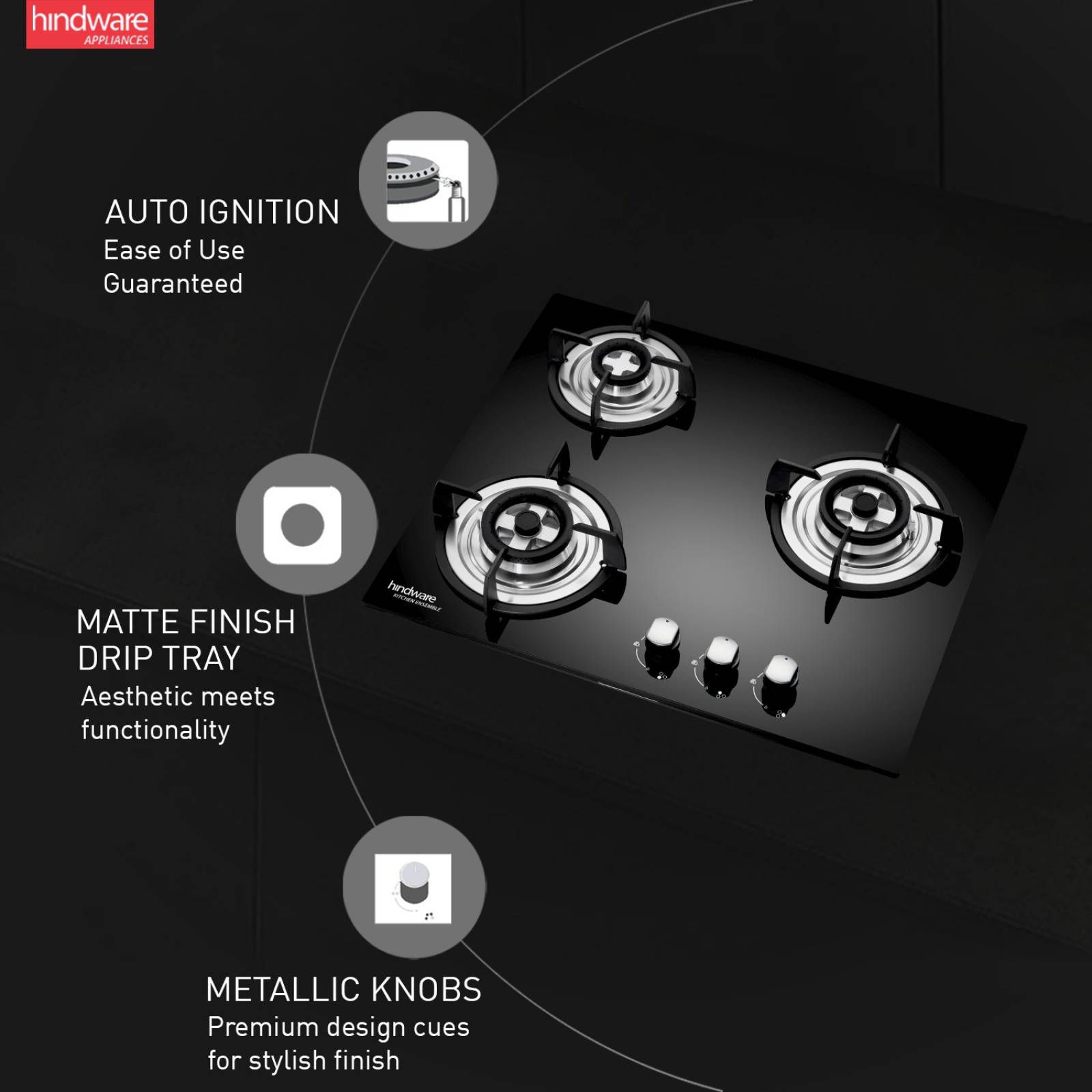 Hindware Nora Plus Toughened Glass Top 3 Burner Automatic Electric Hob (Triple Ring Burner, Black)_6