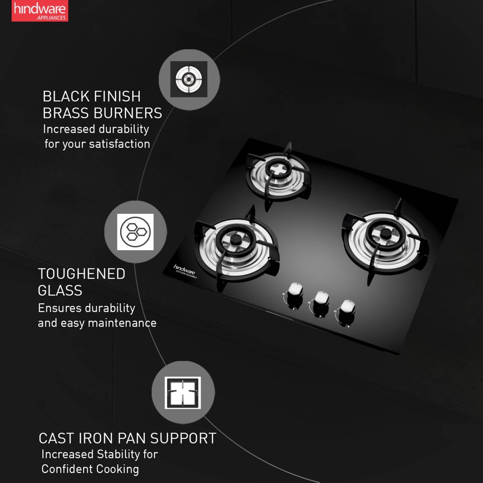 Hindware Nora Plus Toughened Glass Top 3 Burner Automatic Electric Hob (Triple Ring Burner, Black)_8