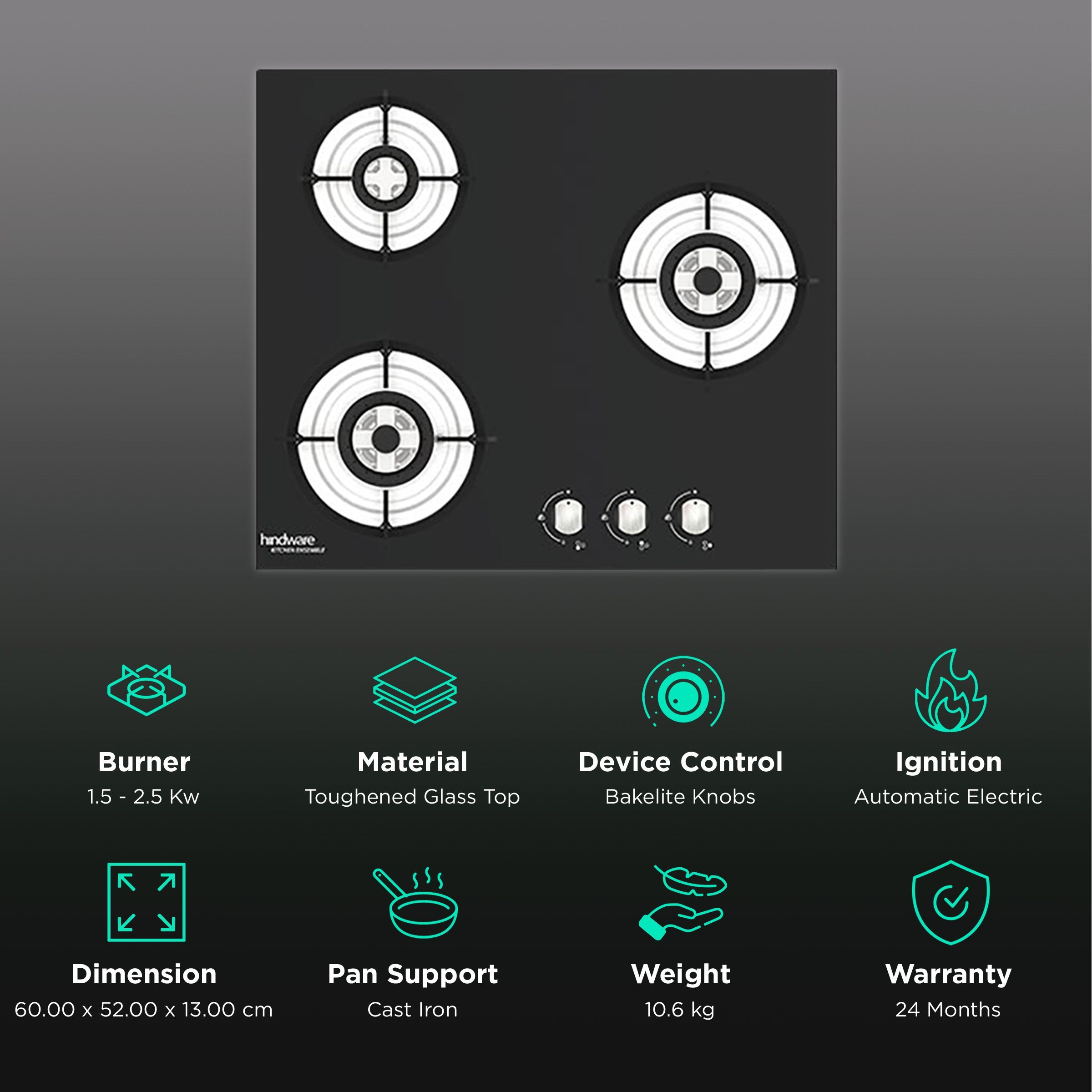 Hindware Nora Plus Toughened Glass Top 3 Burner Automatic Electric Hob (Triple Ring Burner, Black)_3