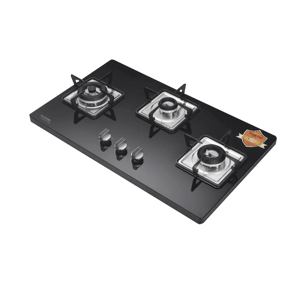 Hindware Rosia Toughened Glass Top 3 Burner Automatic Electric Hob (Ergonomic Bakelite Knob, Black)_1