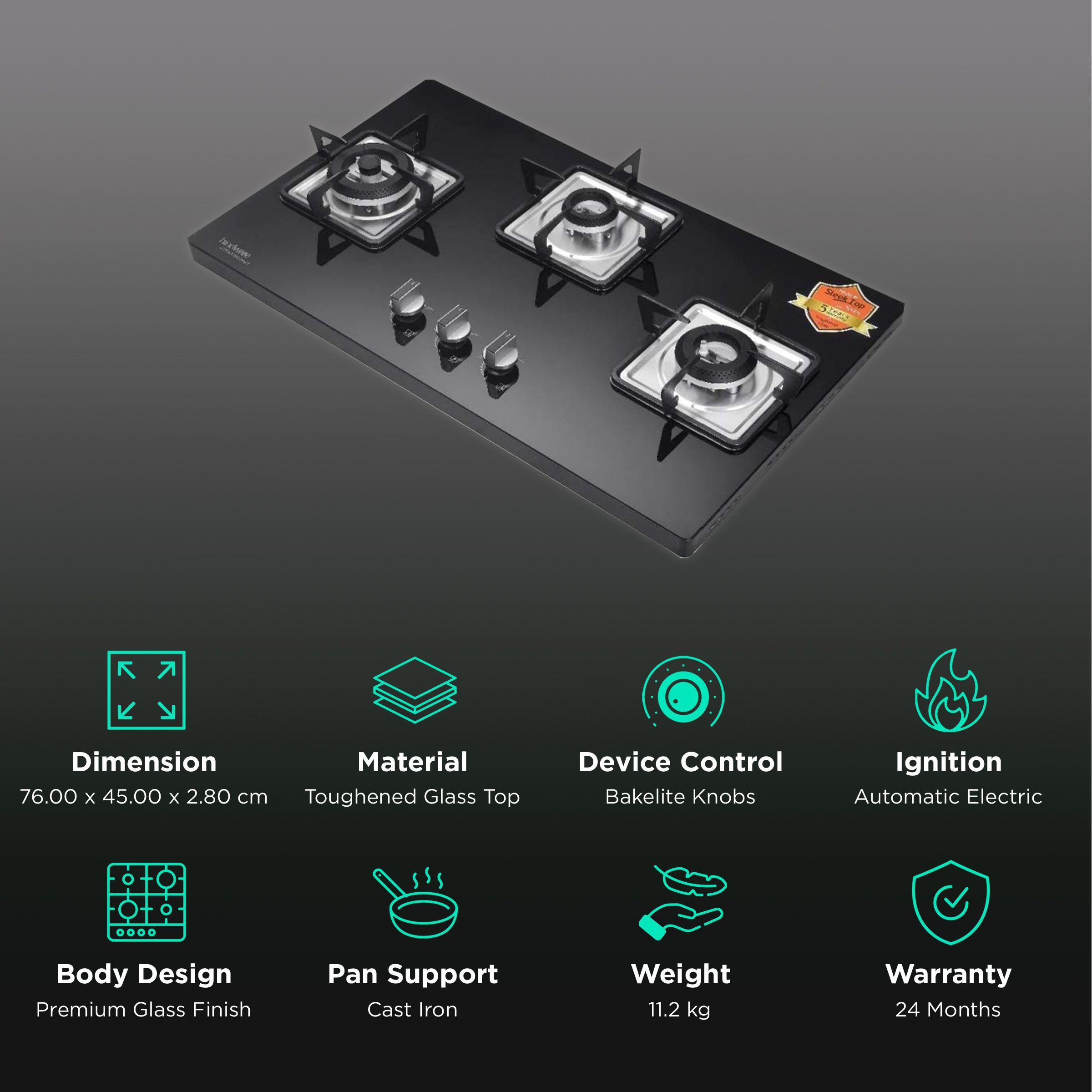 Hindware Rosia Toughened Glass Top 3 Burner Automatic Electric Hob (Ergonomic Bakelite Knob, Black)_3